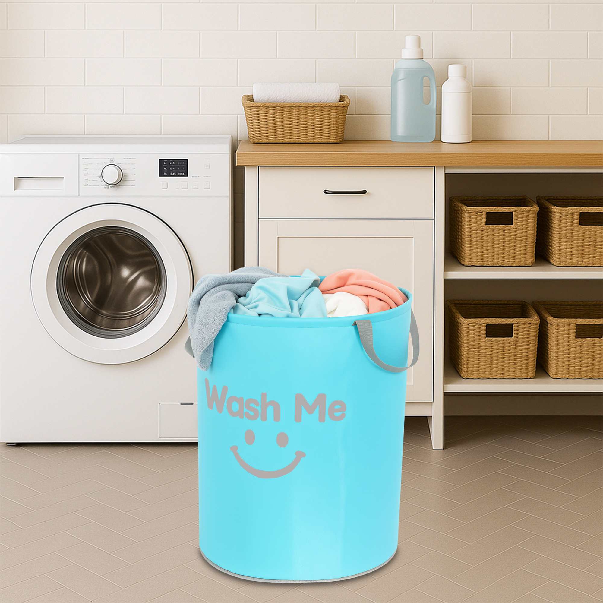 Kuber Industries 45 L Parachute Foldable Laundry Bag for Clothes and Toys with Carry Handles  Reusable Laundry Storage Bin  Basket for Clothes Storage  Sky Blue