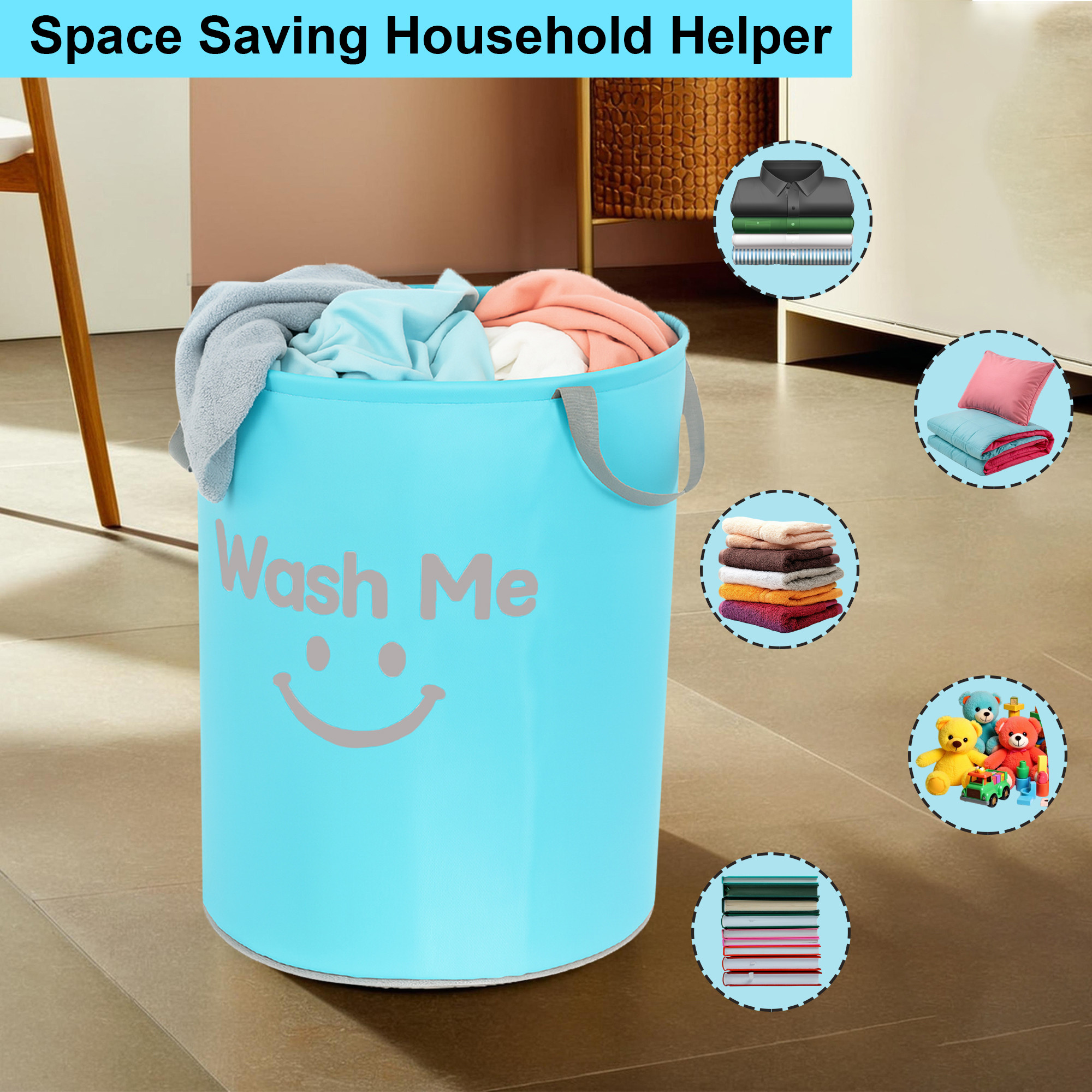 Kuber Industries 45 L Parachute Foldable Laundry Bag for Clothes and Toys with Carry Handles  Reusable Laundry Storage Bin  Basket for Clothes Storage  Sky Blue