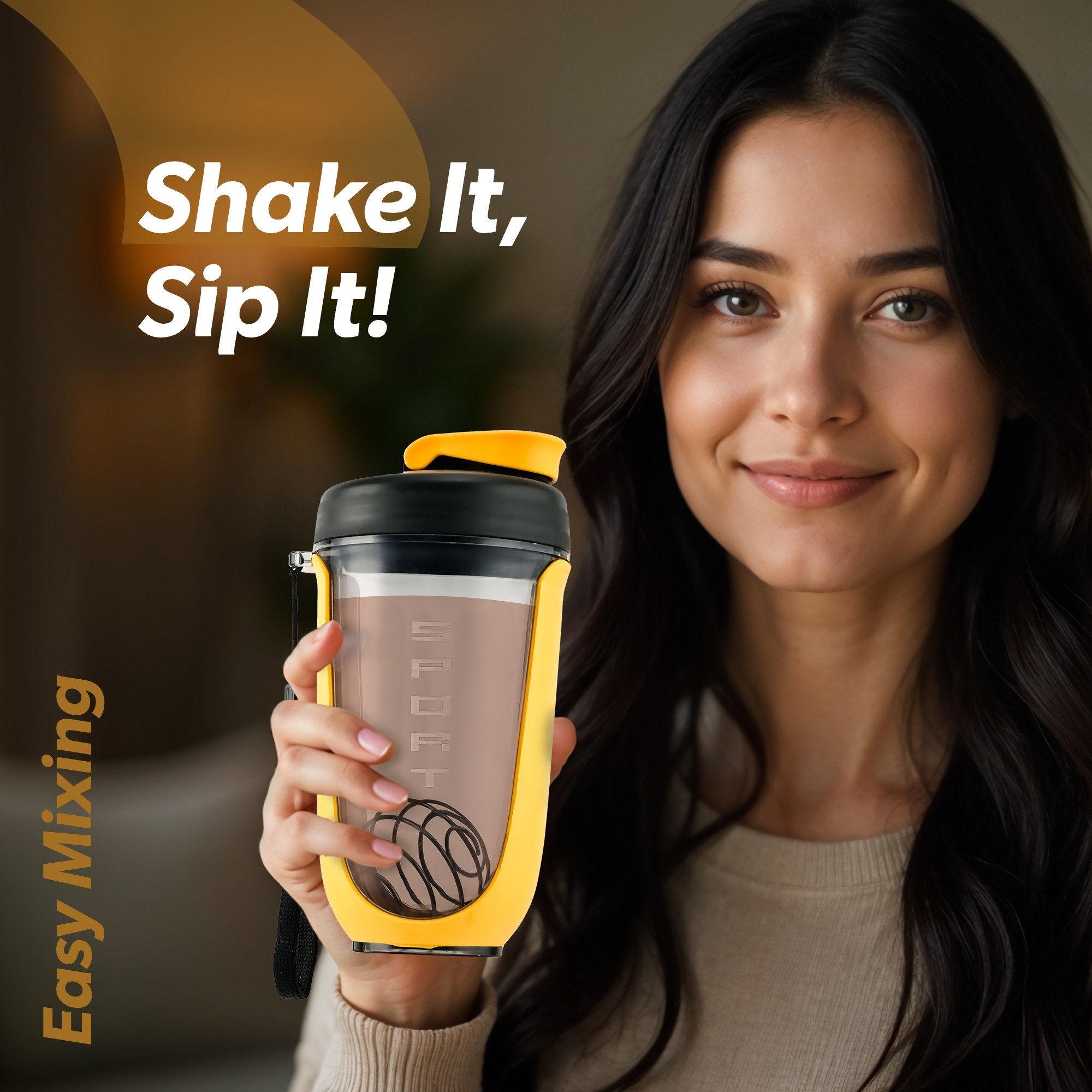 Kuber Industries 450 ml Plastic Protein Shaker Bottle with Carry Loop  Bpa Free Leak Proof Gym Shaker Sipper Bottle Ideal for Pre-Post Workout Protein Shakes and Smoothies  Black  Yellow