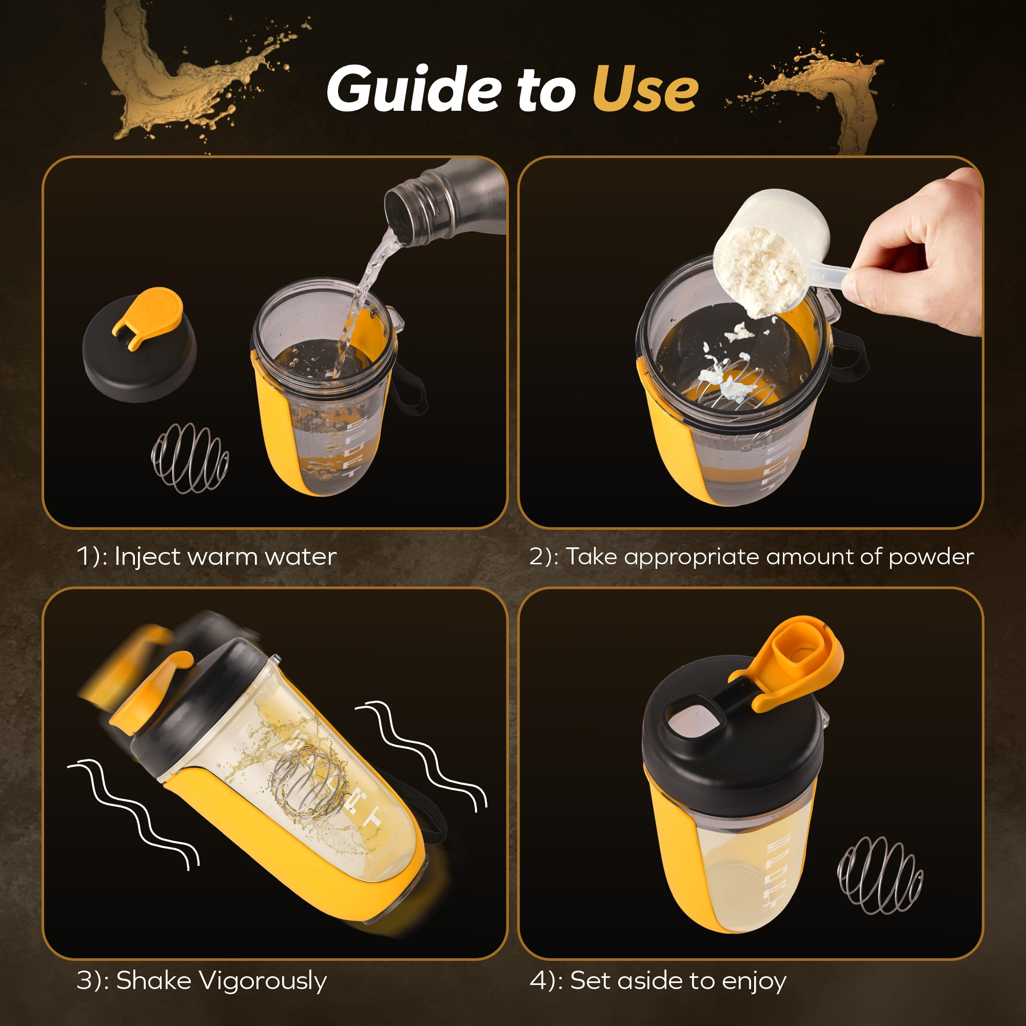 Kuber Industries 450 ml Plastic Protein Shaker Bottle with Carry Loop  Bpa Free Leak Proof Gym Shaker Sipper Bottle Ideal for Pre-Post Workout Protein Shakes and Smoothies  Black  Yellow