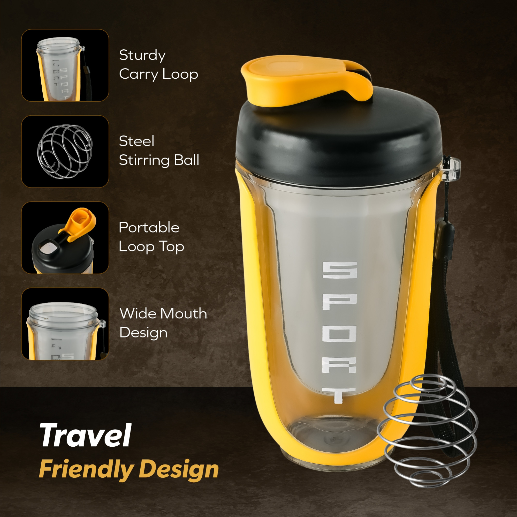 Kuber Industries 450 ml Plastic Protein Shaker Bottle with Carry Loop  Bpa Free Leak Proof Gym Shaker Sipper Bottle Ideal for Pre-Post Workout Protein Shakes and Smoothies  Black  Yellow