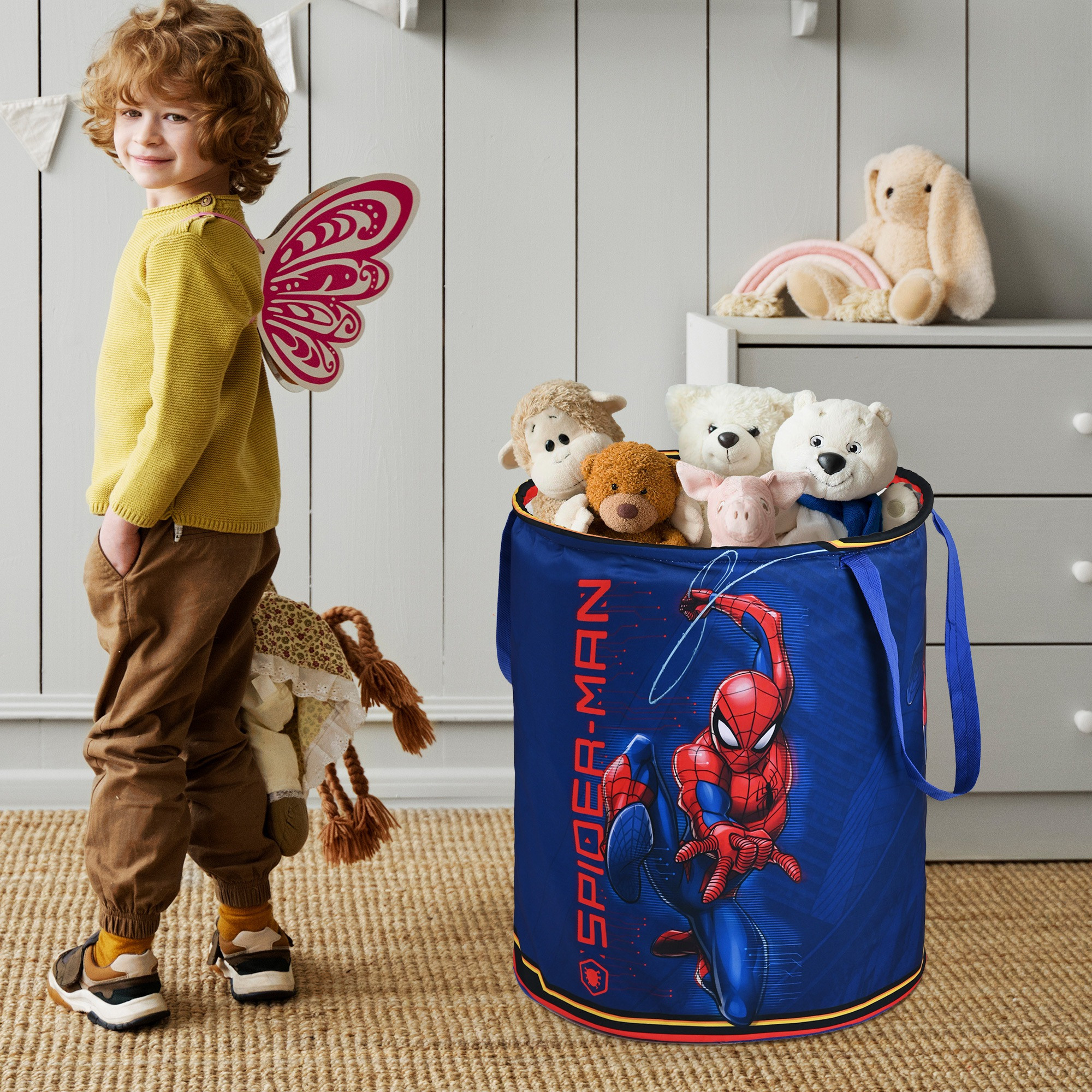 Kuber Industries 45L Foldable Dirty Clothes Laundry Basket With Handles For Washing - Baby Unwashed Dress Storage Box  Marvel Spiderman - Blue  Red