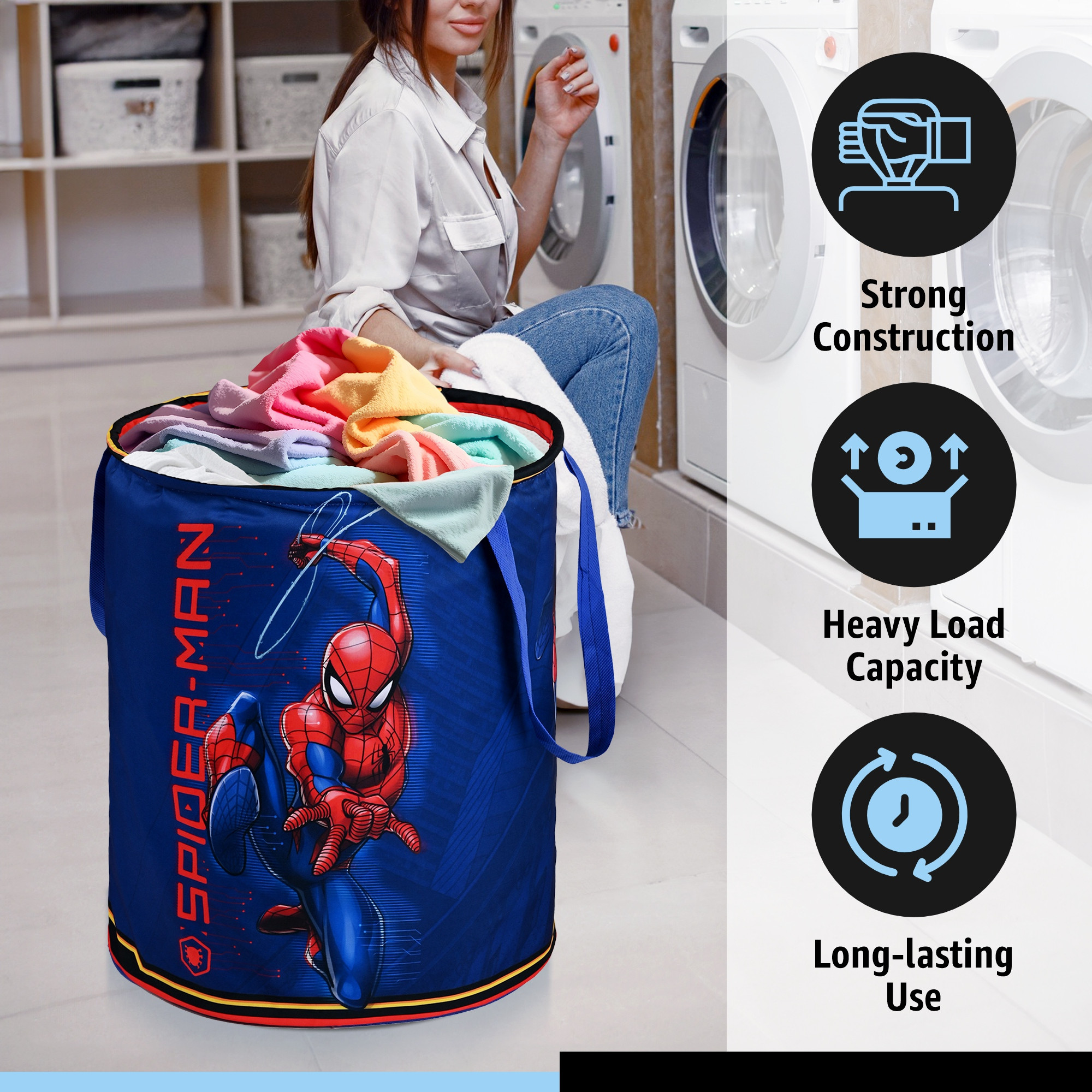 Kuber Industries 45L Foldable Dirty Clothes Laundry Basket With Handles For Washing - Baby Unwashed Dress Storage Box  Marvel Spiderman - Blue  Red