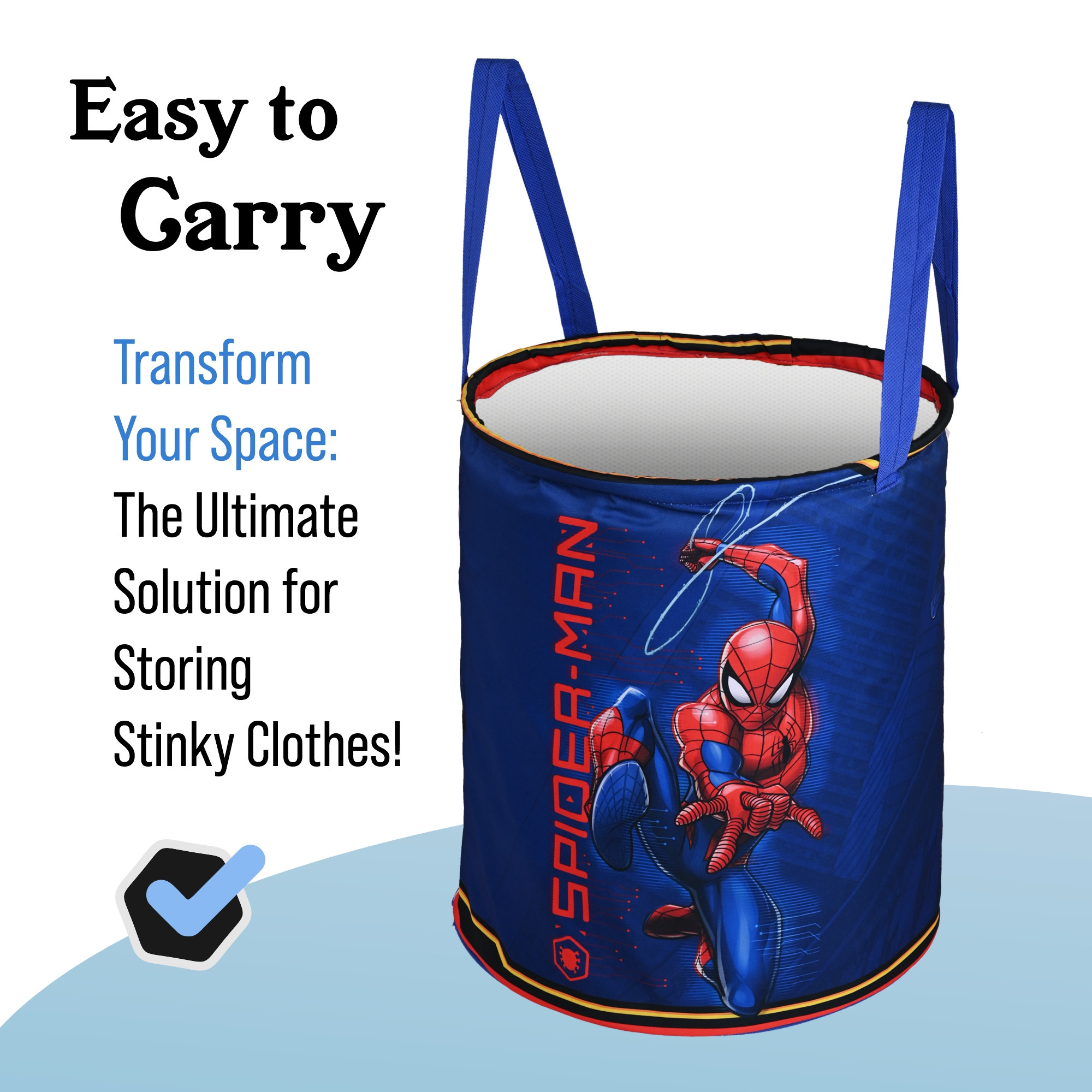 Kuber Industries 45L Foldable Dirty Clothes Laundry Basket With Handles For Washing - Baby Unwashed Dress Storage Box  Marvel Spiderman - Blue  Red