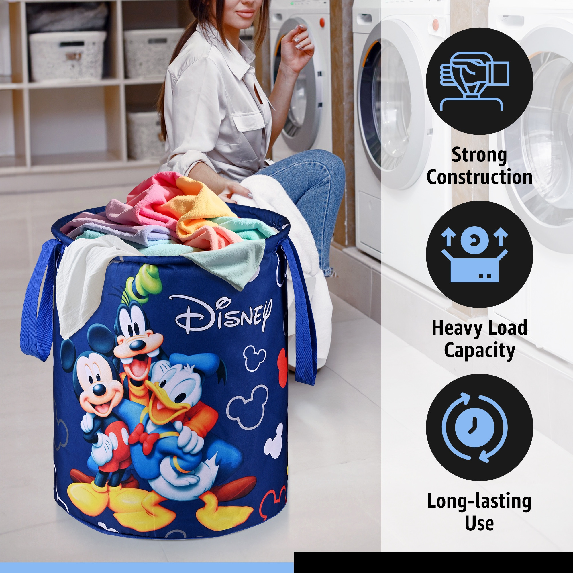Kuber Industries 45L Foldable Dirty Clothes Laundry Basket With Handles For Washing - Baby Unwashed Dress BinStorage Box  Disney Print - Blue
