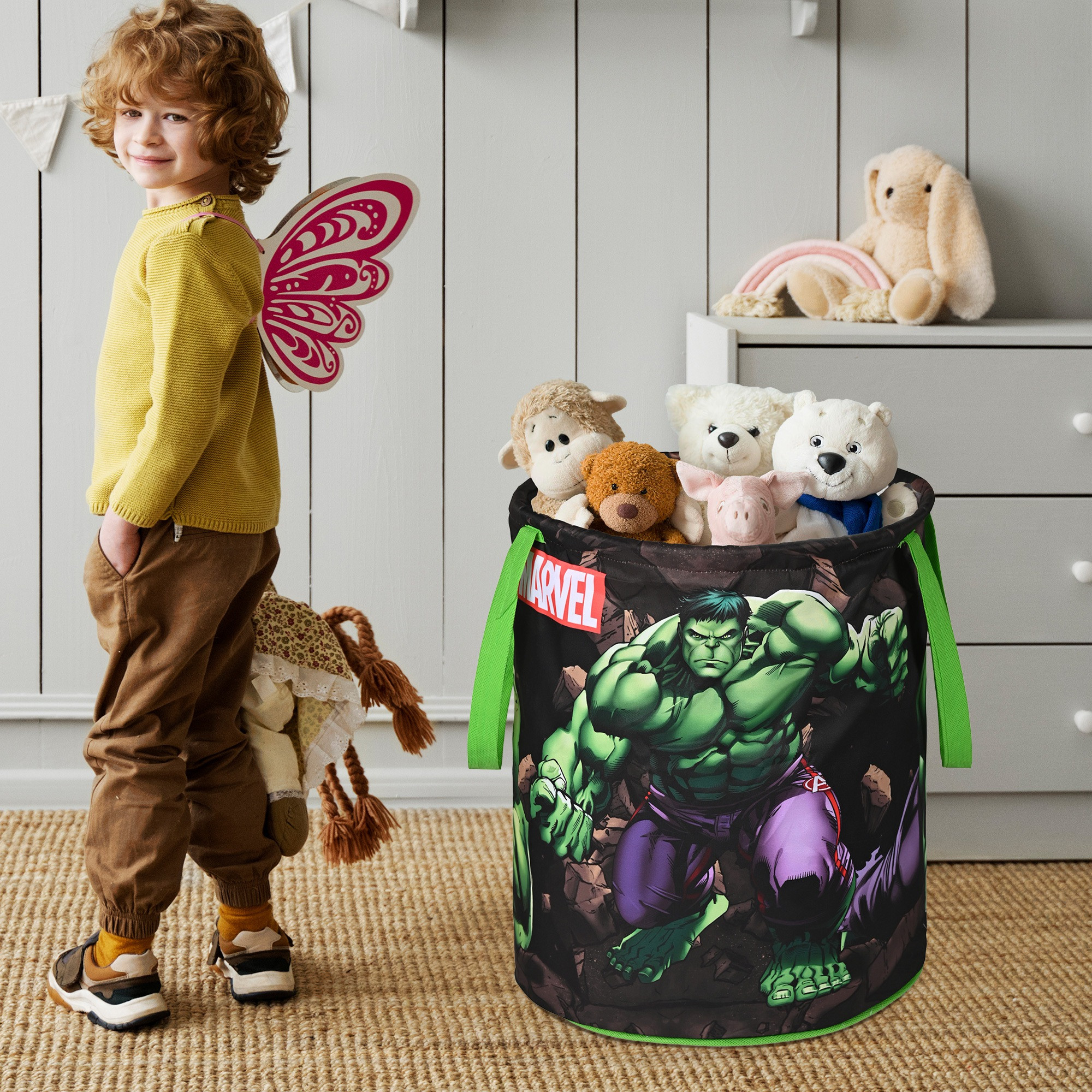 Kuber Industries 45L Foldable Dirty Clothes Laundry Basket With Handles For Washing - Baby Unwashed Dress BinStorage Box  Marvel Green Hulk