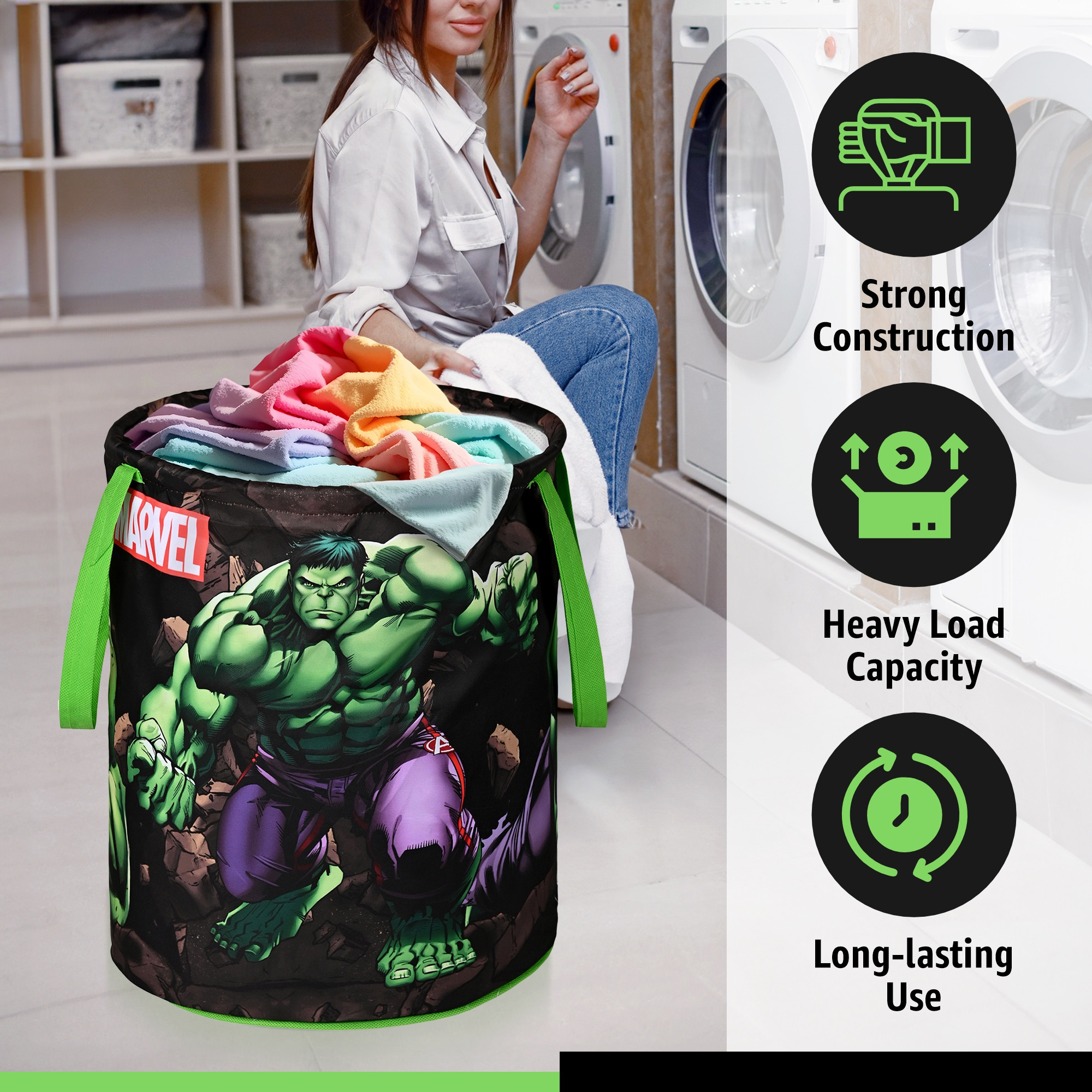 Kuber Industries 45L Foldable Dirty Clothes Laundry Basket With Handles For Washing - Baby Unwashed Dress BinStorage Box  Marvel Green Hulk