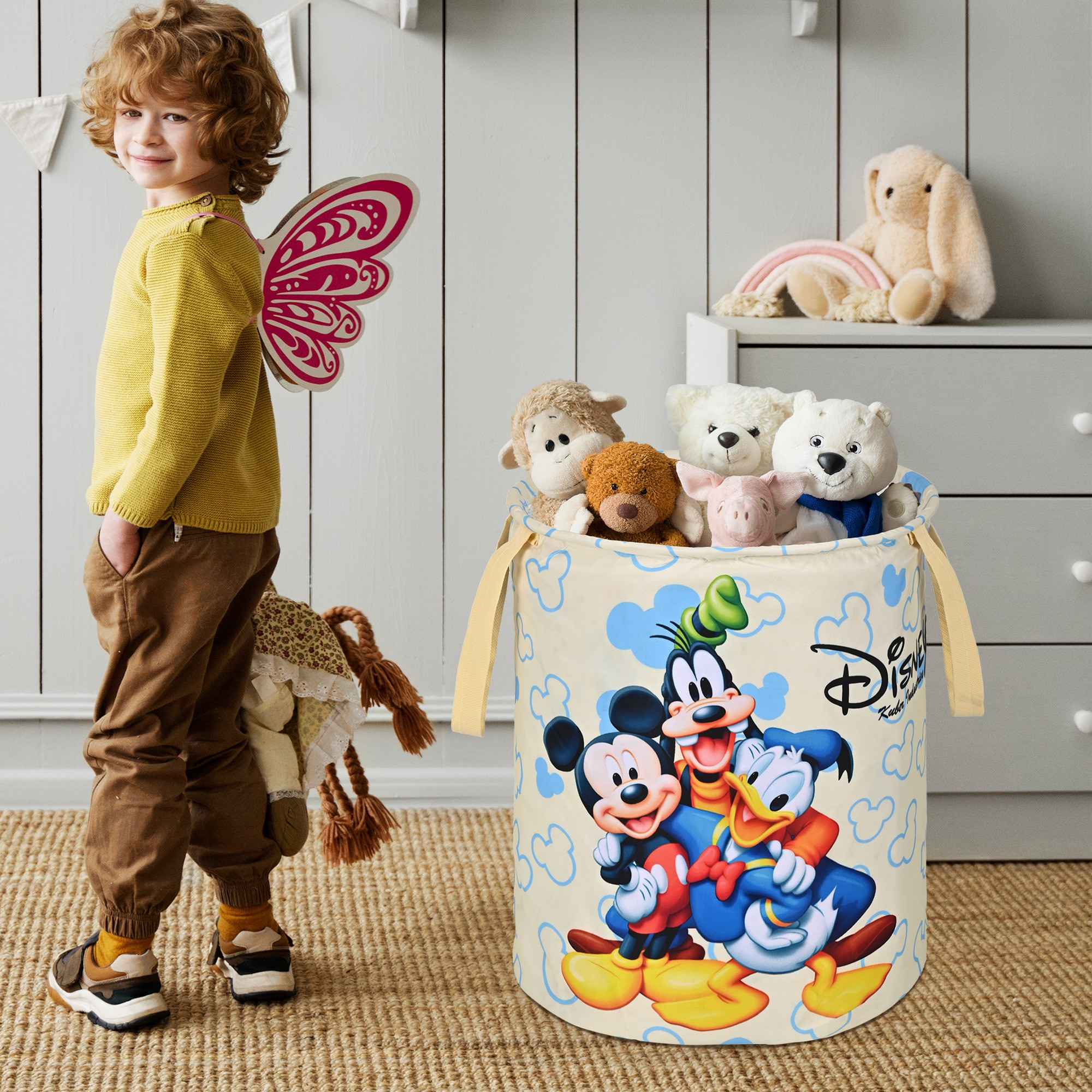 Kuber Industries 45L Foldable Dirty Clothes Laundry Basket With Handles For Washing - Baby Unwashed Dress BinStorage Box  Disney Print - Cream