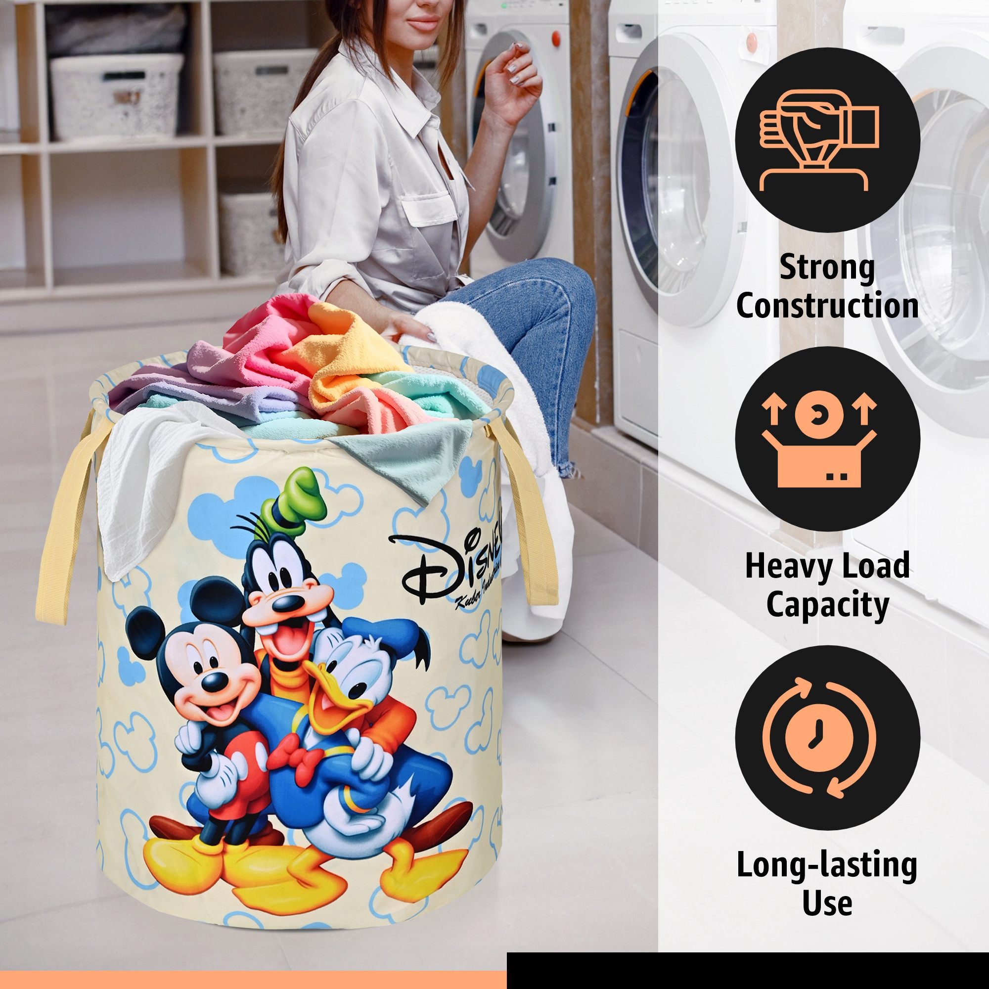 Kuber Industries 45L Foldable Dirty Clothes Laundry Basket With Handles For Washing - Baby Unwashed Dress BinStorage Box  Disney Print - Cream