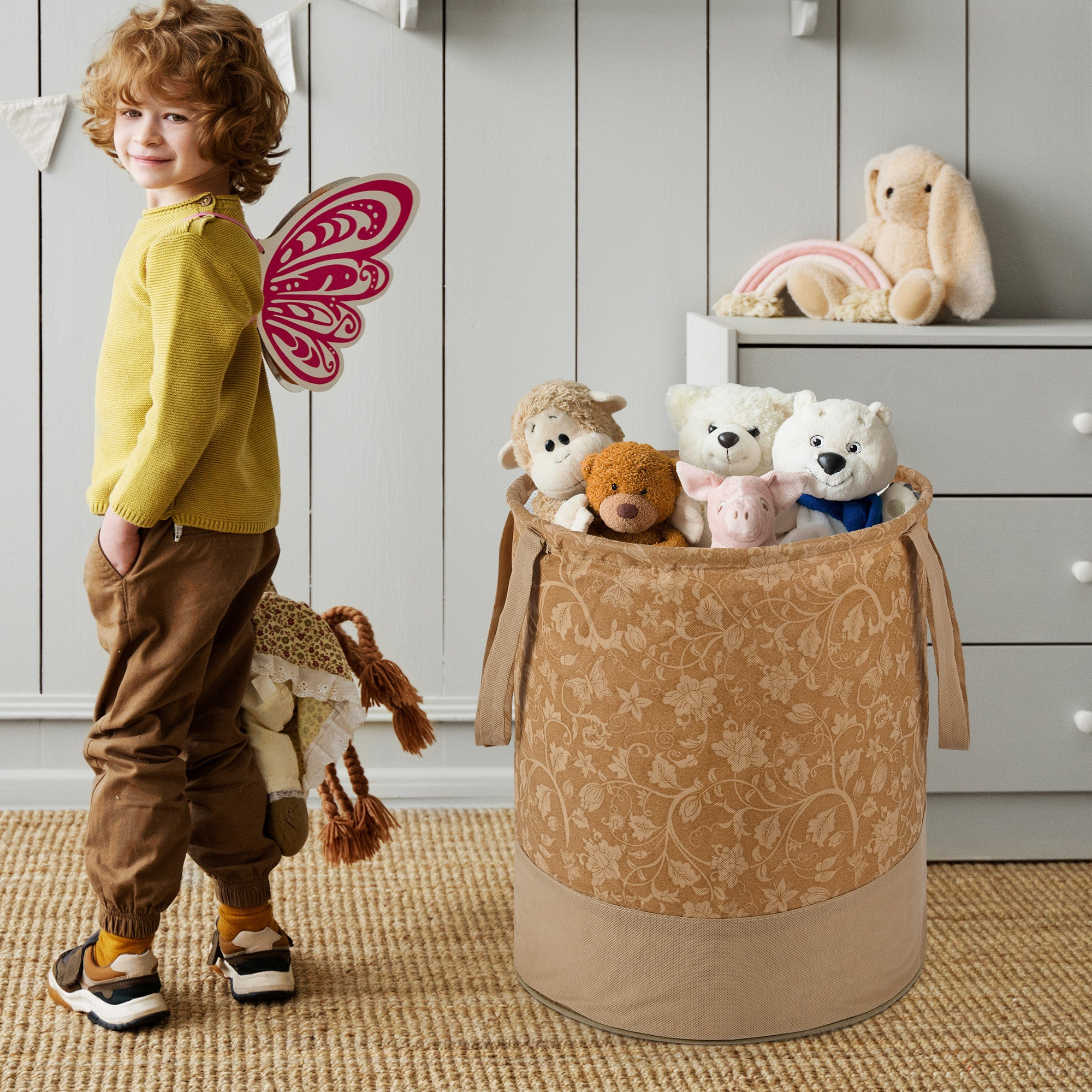 Kuber Industries 45L Foldable Dirty Clothes Laundry Basket With Handles For Washing - Baby Unwashed Dress BinStorage Box  Flower Print - Brown