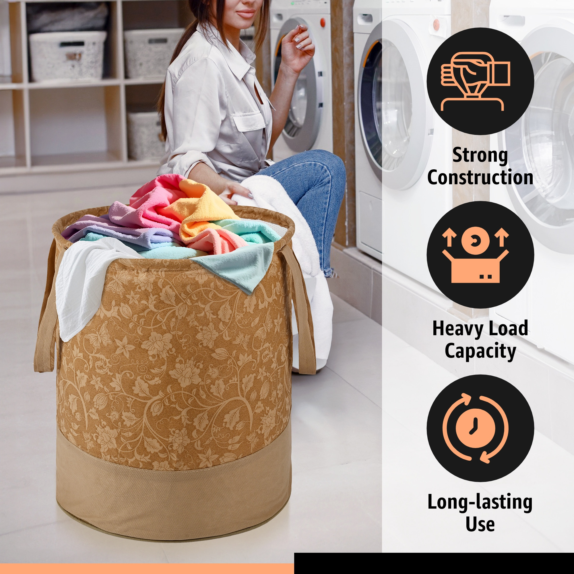 Kuber Industries 45L Foldable Dirty Clothes Laundry Basket With Handles For Washing - Baby Unwashed Dress BinStorage Box  Flower Print - Brown
