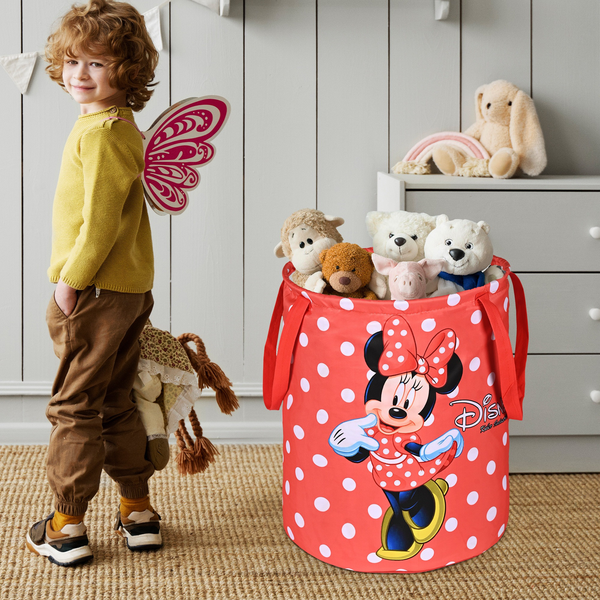 Kuber Industries 45L Foldable Dirty Clothes Laundry Basket With Handles For Washing - Baby Unwashed Dress BinStorage Box  Disney Minnie Dots - Red