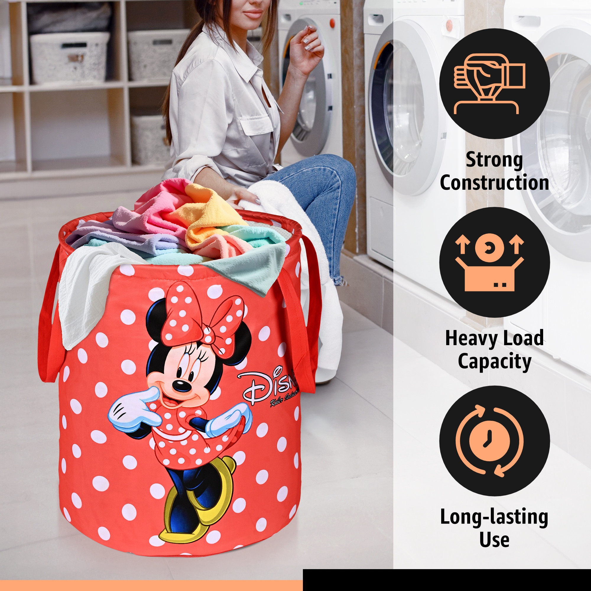 Kuber Industries 45L Foldable Dirty Clothes Laundry Basket With Handles For Washing - Baby Unwashed Dress BinStorage Box  Disney Minnie Dots - Red