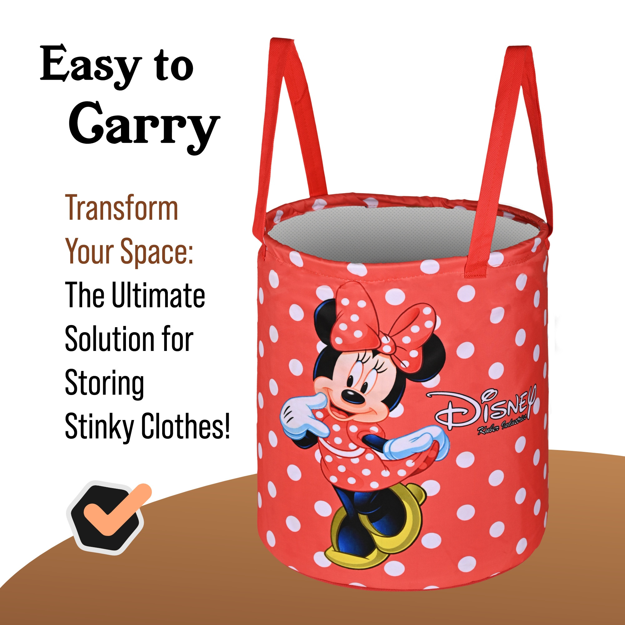 Kuber Industries 45L Foldable Dirty Clothes Laundry Basket With Handles For Washing - Baby Unwashed Dress BinStorage Box  Disney Minnie Dots - Red