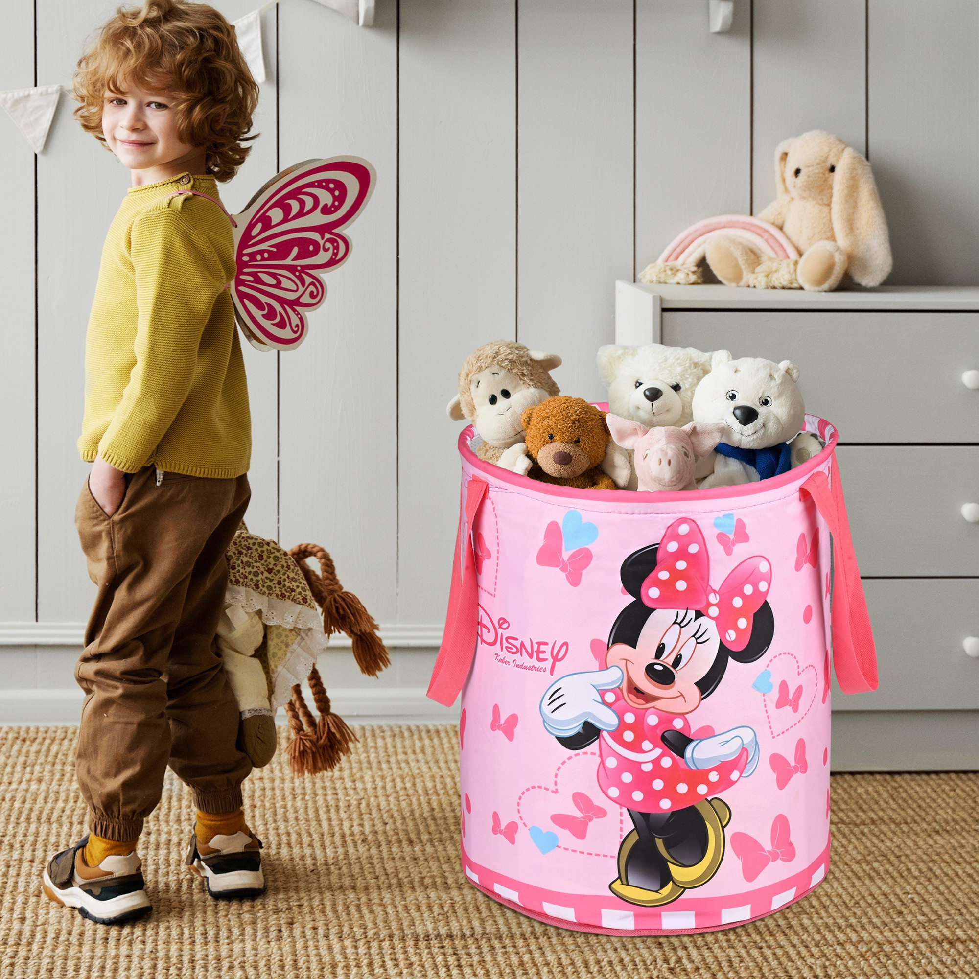 Kuber Industries 45L Foldable Dirty Clothes Laundry Basket With Handles For Washing - Baby Unwashed Dress BinStorage Box  Disney Minnie - Pink