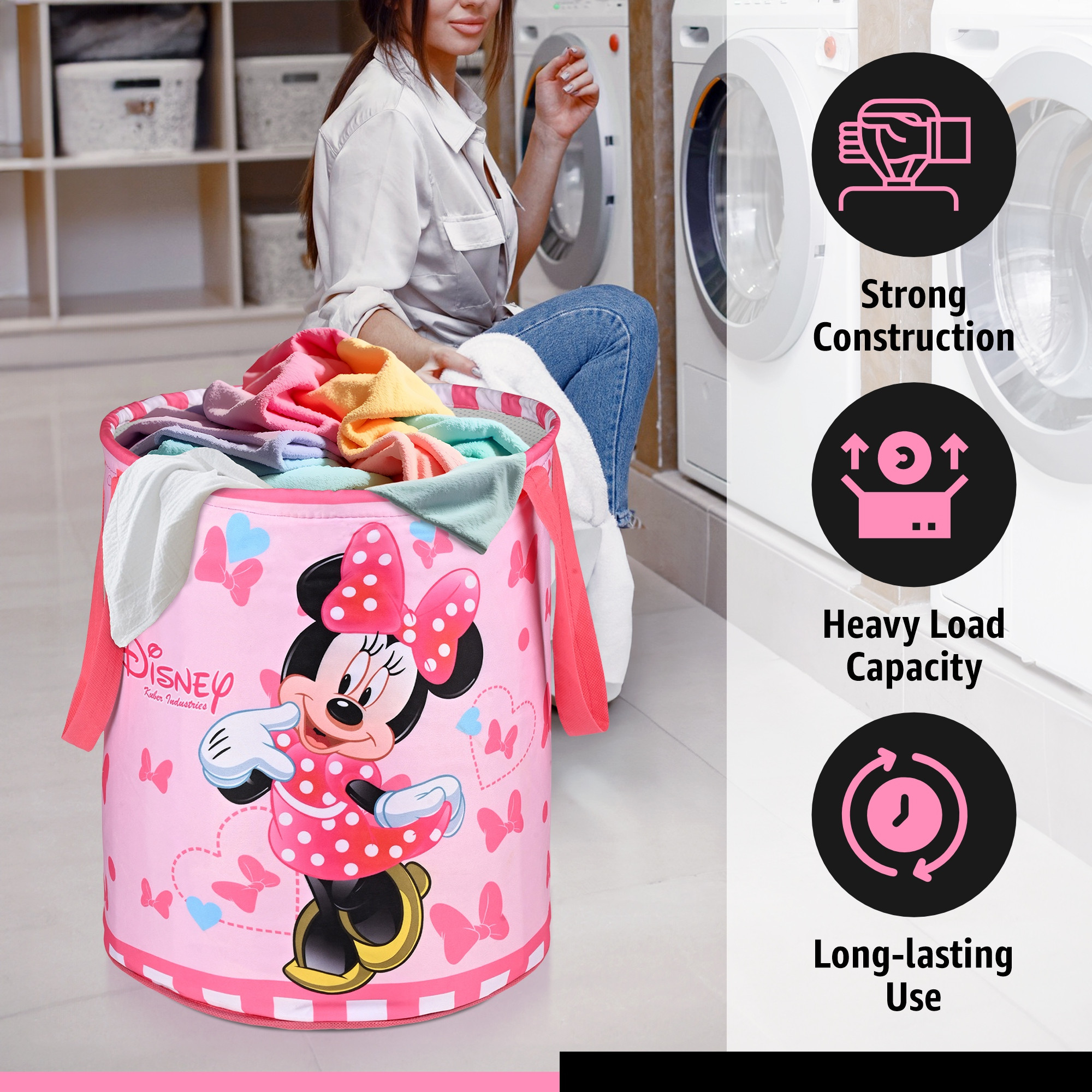 Kuber Industries 45L Foldable Dirty Clothes Laundry Basket With Handles For Washing - Baby Unwashed Dress BinStorage Box  Disney Minnie - Pink