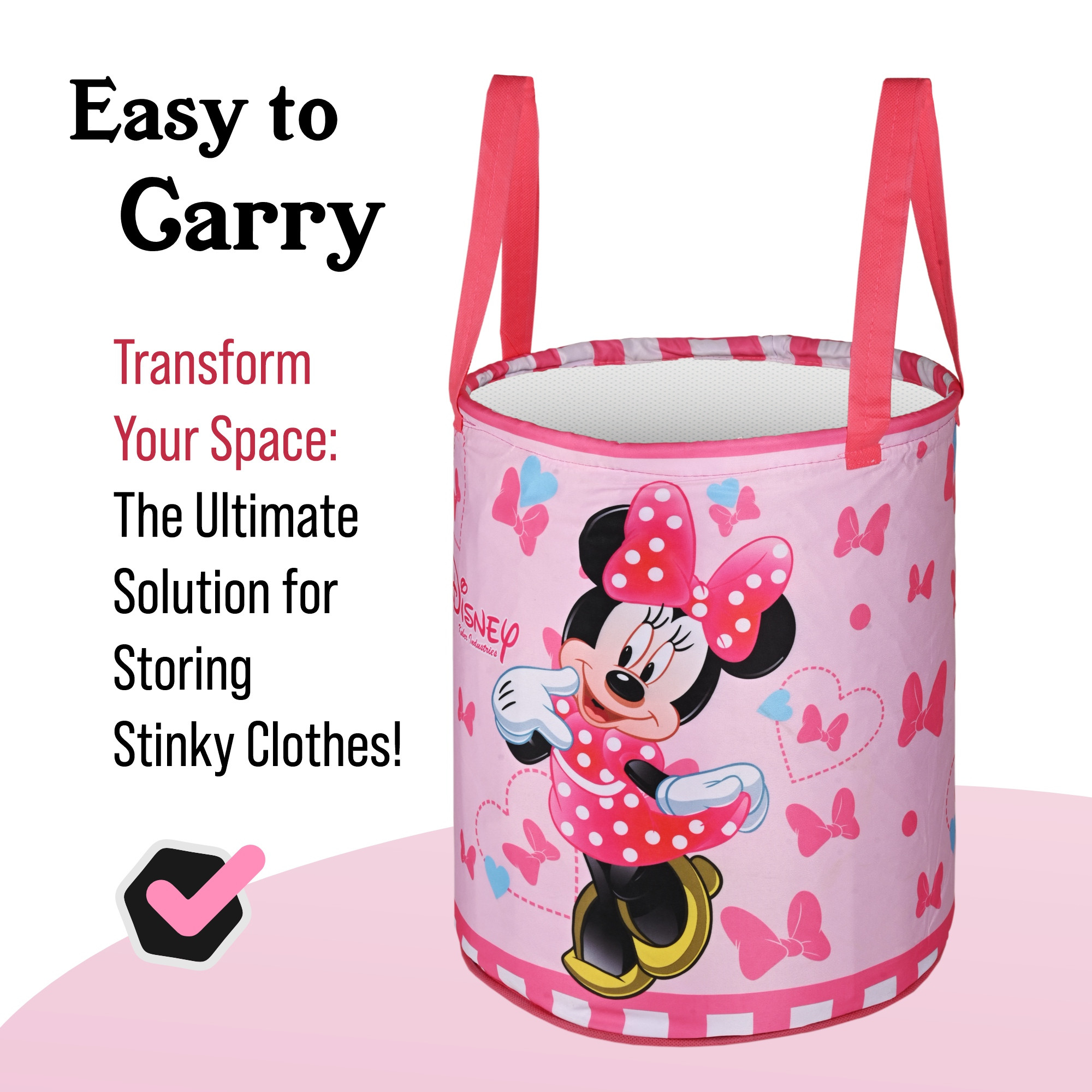 Kuber Industries 45L Foldable Dirty Clothes Laundry Basket With Handles For Washing - Baby Unwashed Dress BinStorage Box  Disney Minnie - Pink