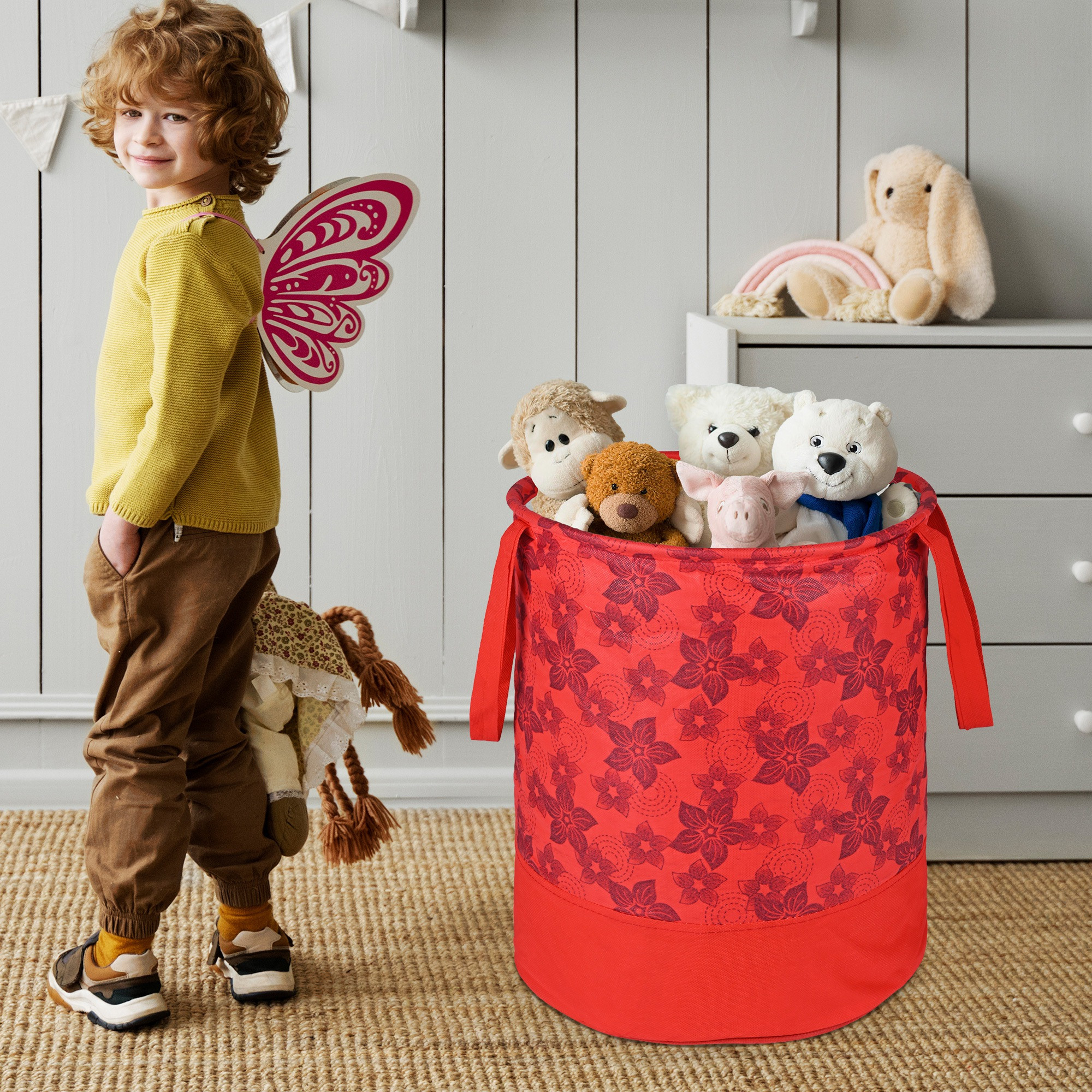 Kuber Industries 45L Foldable Dirty Clothes Laundry Basket With Handles For Washing - Baby Unwashed Dress BinStorage Box  Flower Print - Red
