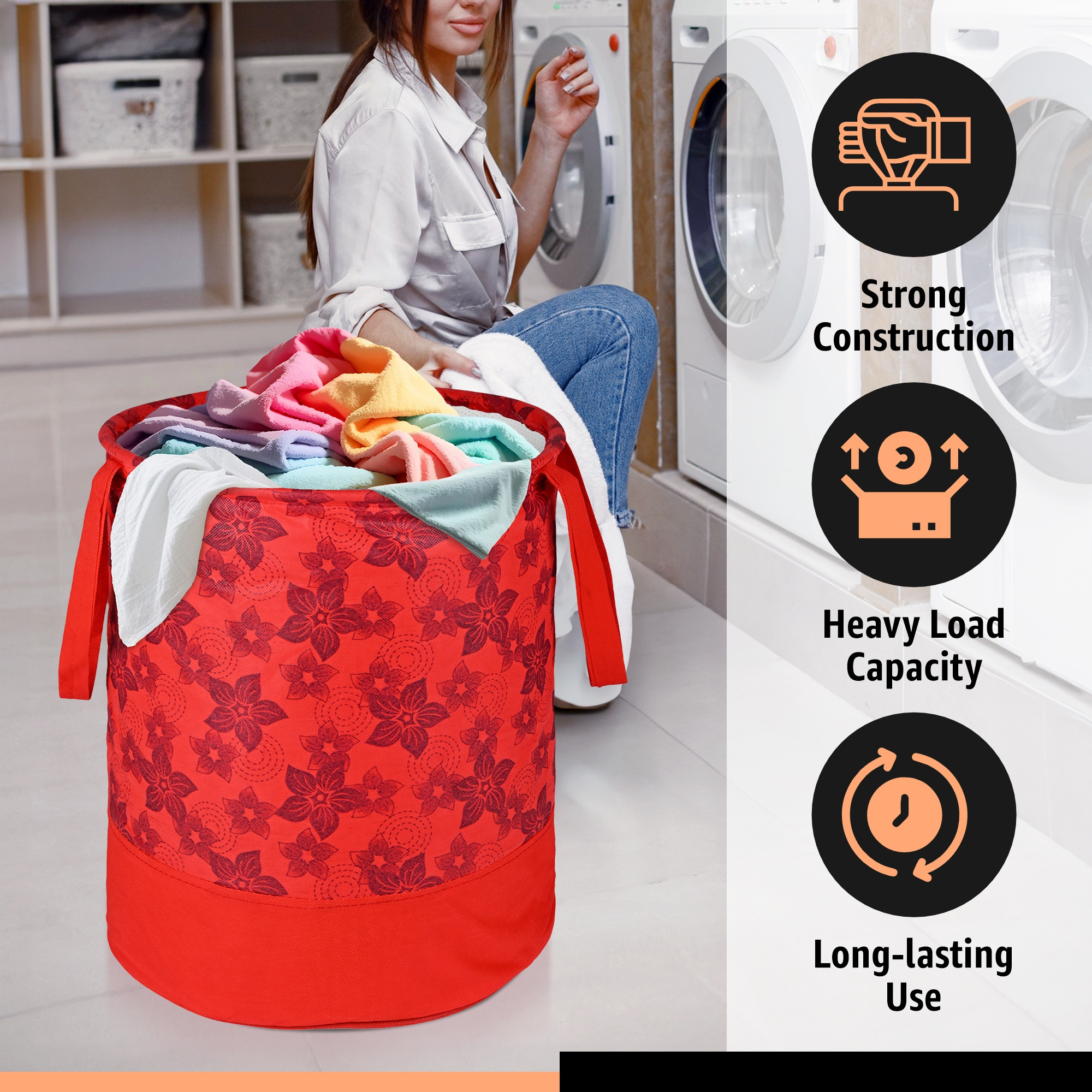 Kuber Industries 45L Foldable Dirty Clothes Laundry Basket With Handles For Washing - Baby Unwashed Dress BinStorage Box  Flower Print - Red