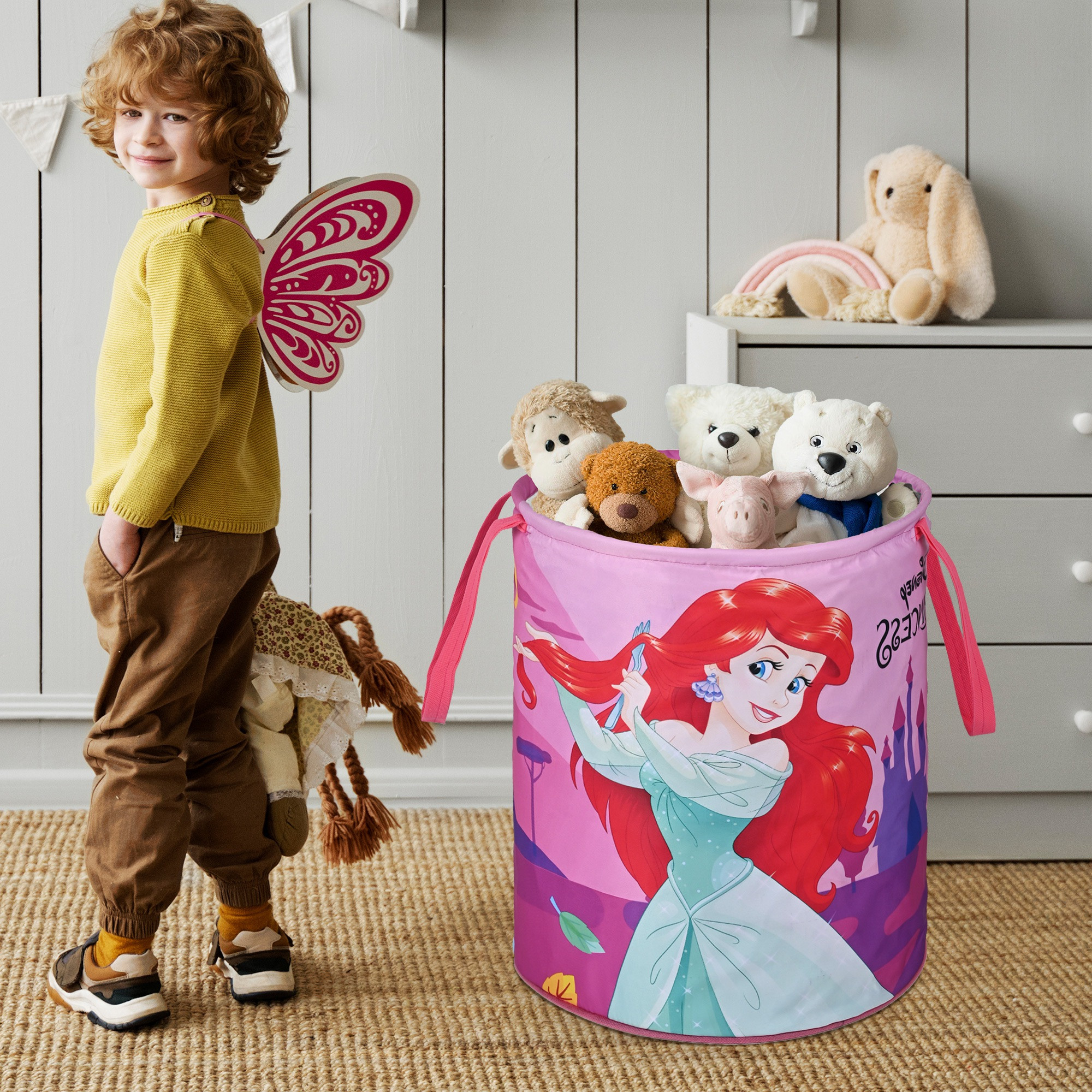 Kuber Industries 45L Foldable Dirty Clothes Laundry Basket With Handles For Washing - Baby Unwashed Dress BinStorage Box  Disney Princess - Pink