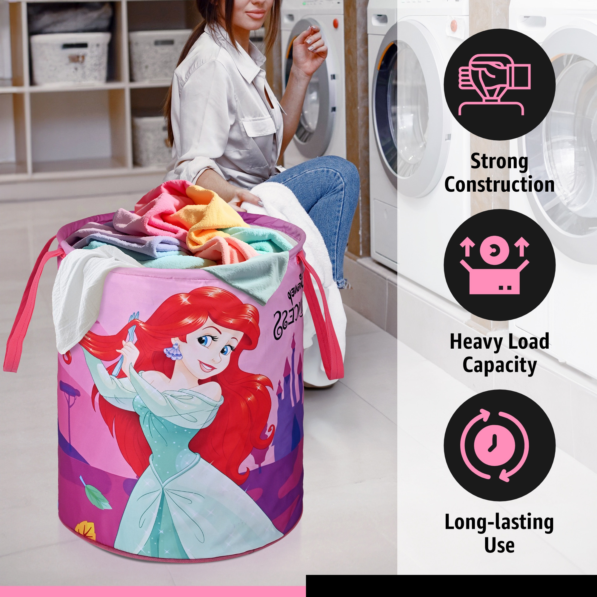 Kuber Industries 45L Foldable Dirty Clothes Laundry Basket With Handles For Washing - Baby Unwashed Dress BinStorage Box  Disney Princess - Pink