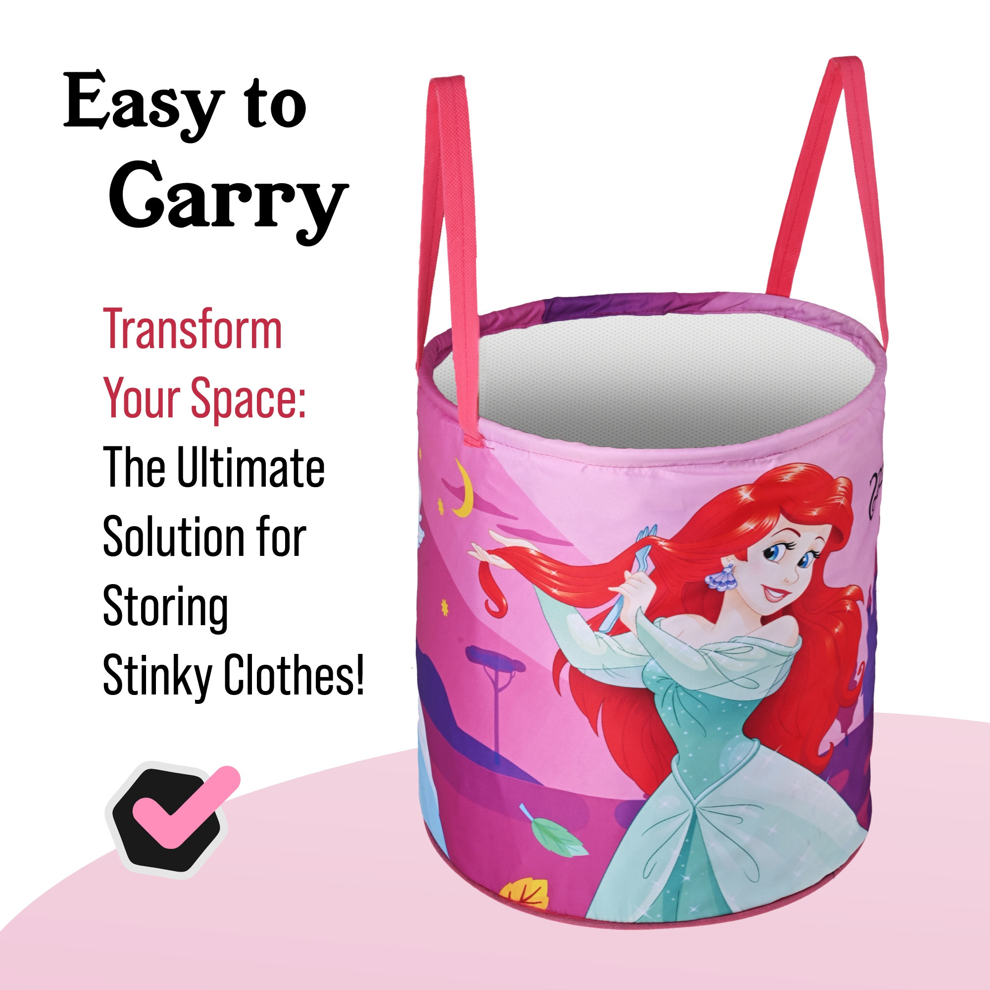 Kuber Industries 45L Foldable Dirty Clothes Laundry Basket With Handles For Washing - Baby Unwashed Dress BinStorage Box  Disney Princess - Pink