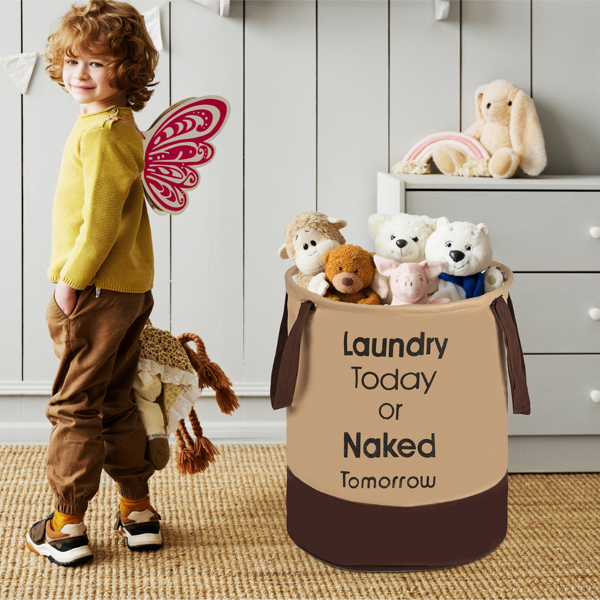 Kuber Industries 45L Foldable Dirty Clothes Laundry Basket With Handles For Washing - Baby Unwashed Dress BinStorage Box  Light  Dark Brown