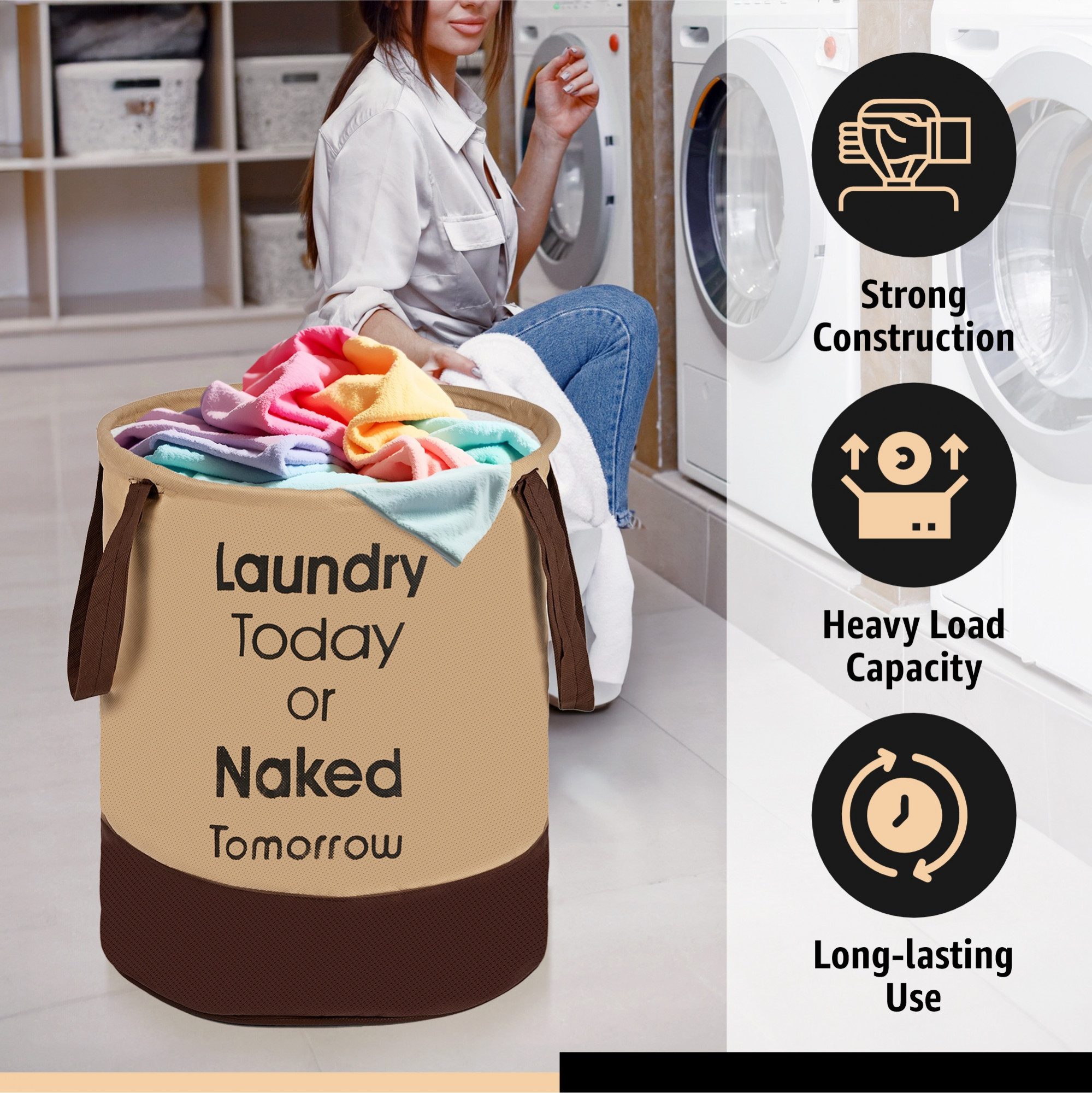 Kuber Industries 45L Foldable Dirty Clothes Laundry Basket With Handles For Washing - Baby Unwashed Dress BinStorage Box  Light  Dark Brown
