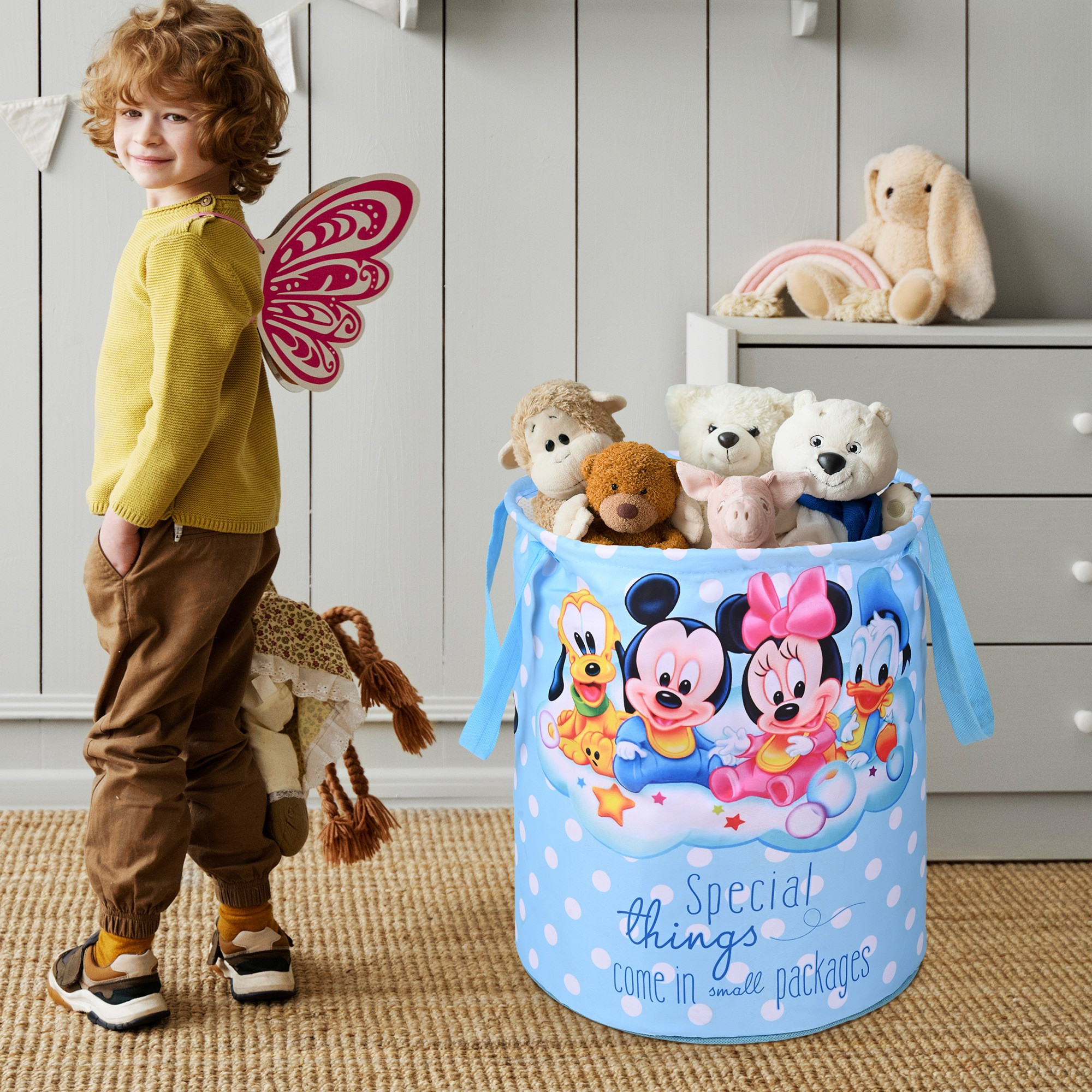 Kuber Industries 45L Foldable Dirty Clothes Laundry Basket With Handles For Washing - Baby Unwashed Dress BinStorage Box  Disney Kids - Sky Blue