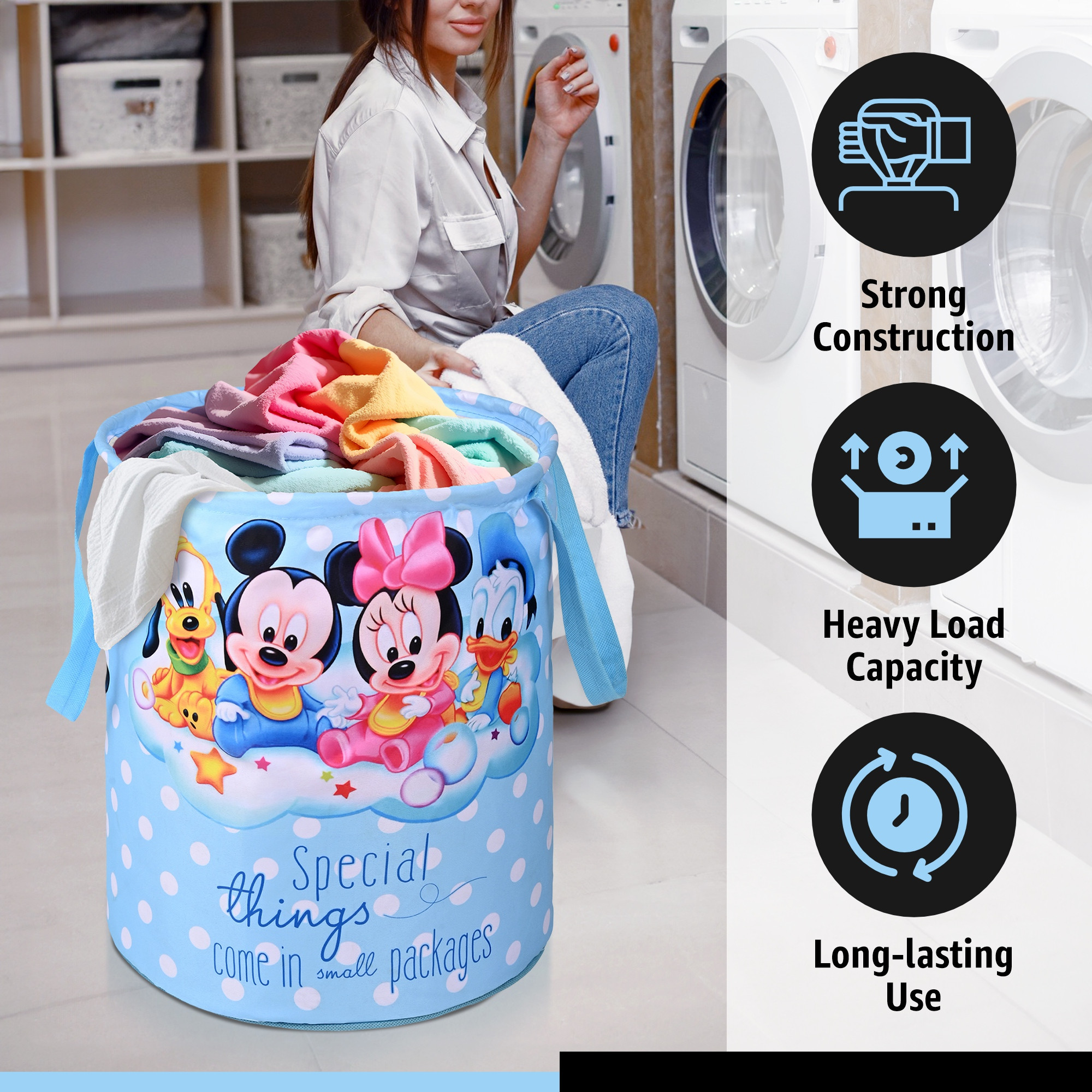 Kuber Industries 45L Foldable Dirty Clothes Laundry Basket With Handles For Washing - Baby Unwashed Dress BinStorage Box  Disney Kids - Sky Blue
