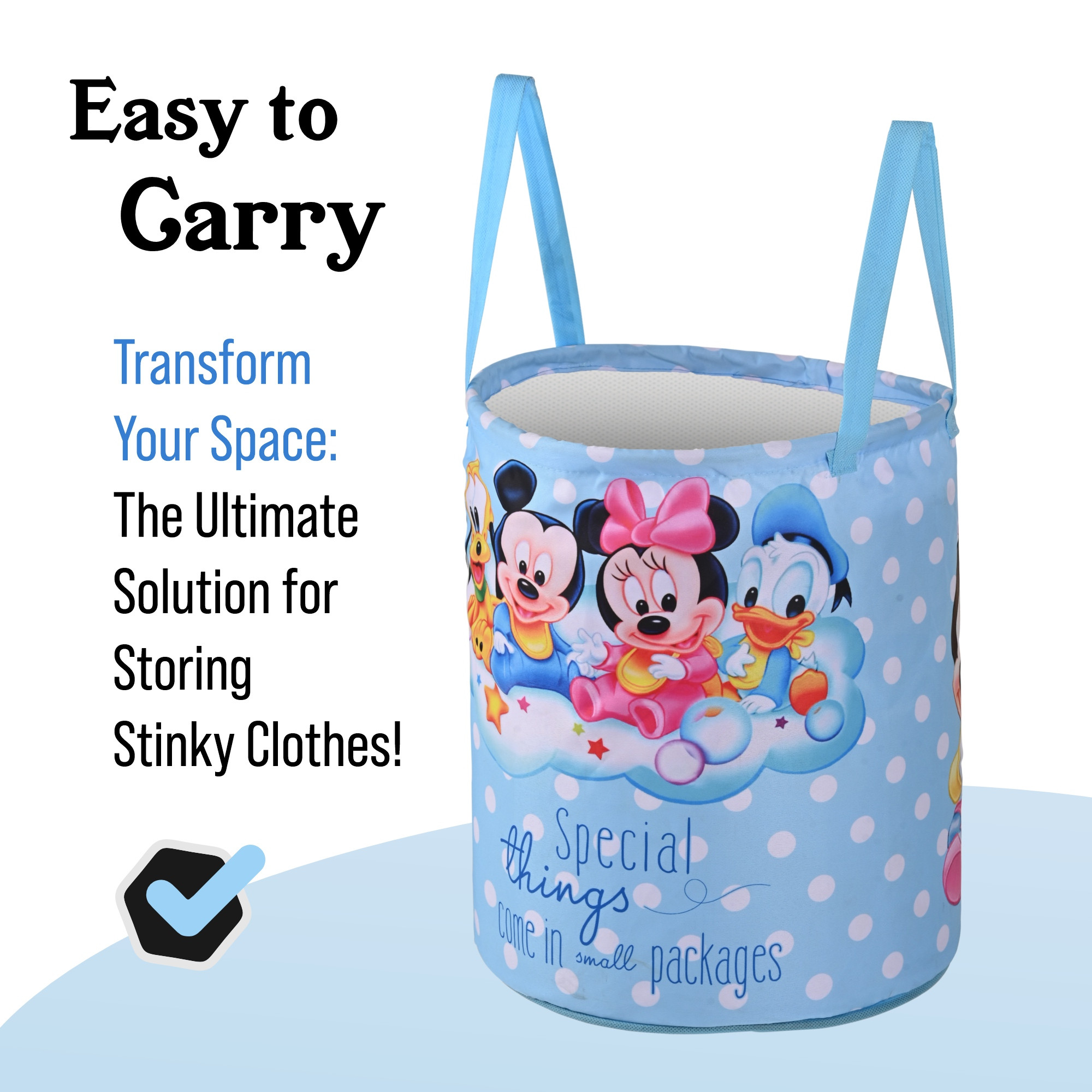 Kuber Industries 45L Foldable Dirty Clothes Laundry Basket With Handles For Washing - Baby Unwashed Dress BinStorage Box  Disney Kids - Sky Blue