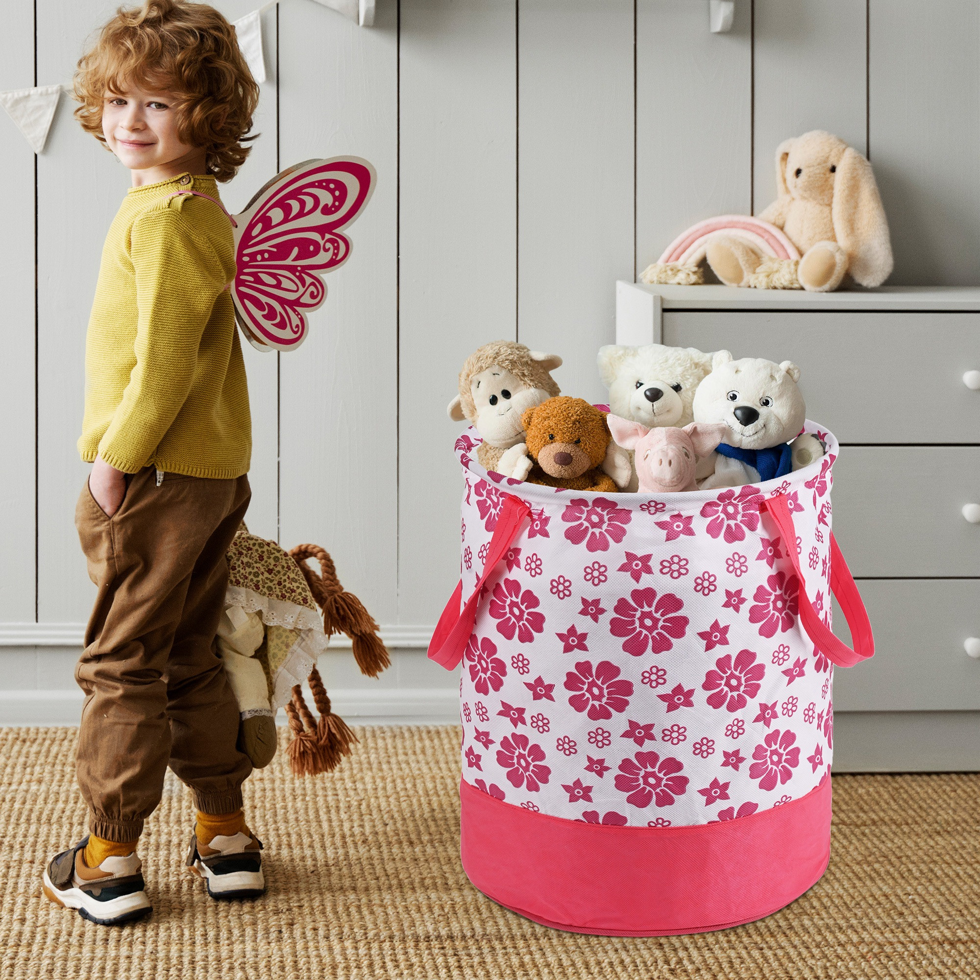 Kuber Industries 45L Foldable Dirty Clothes Laundry Basket With Handles For Washing - Baby Unwashed Dress BinStorage Box  Floral Print -Pink  White