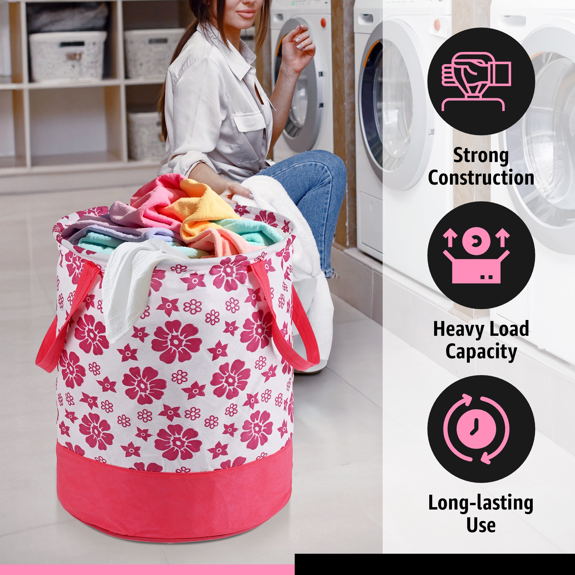 Kuber Industries 45L Foldable Dirty Clothes Laundry Basket With Handles For Washing - Baby Unwashed Dress BinStorage Box  Floral Print -Pink  White