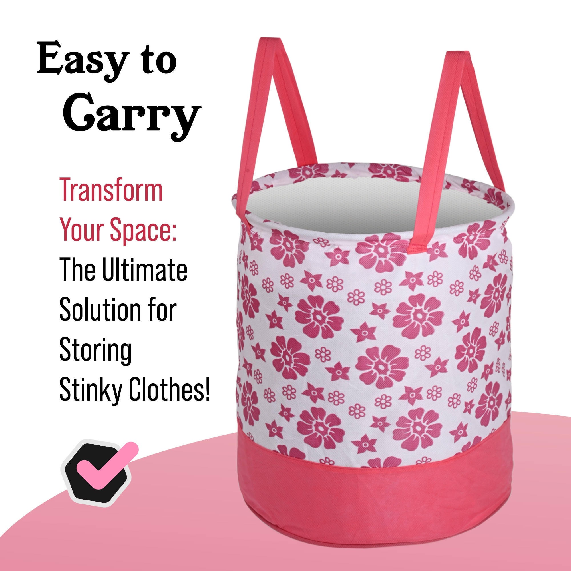 Kuber Industries 45L Foldable Dirty Clothes Laundry Basket With Handles For Washing - Baby Unwashed Dress BinStorage Box  Floral Print -Pink  White