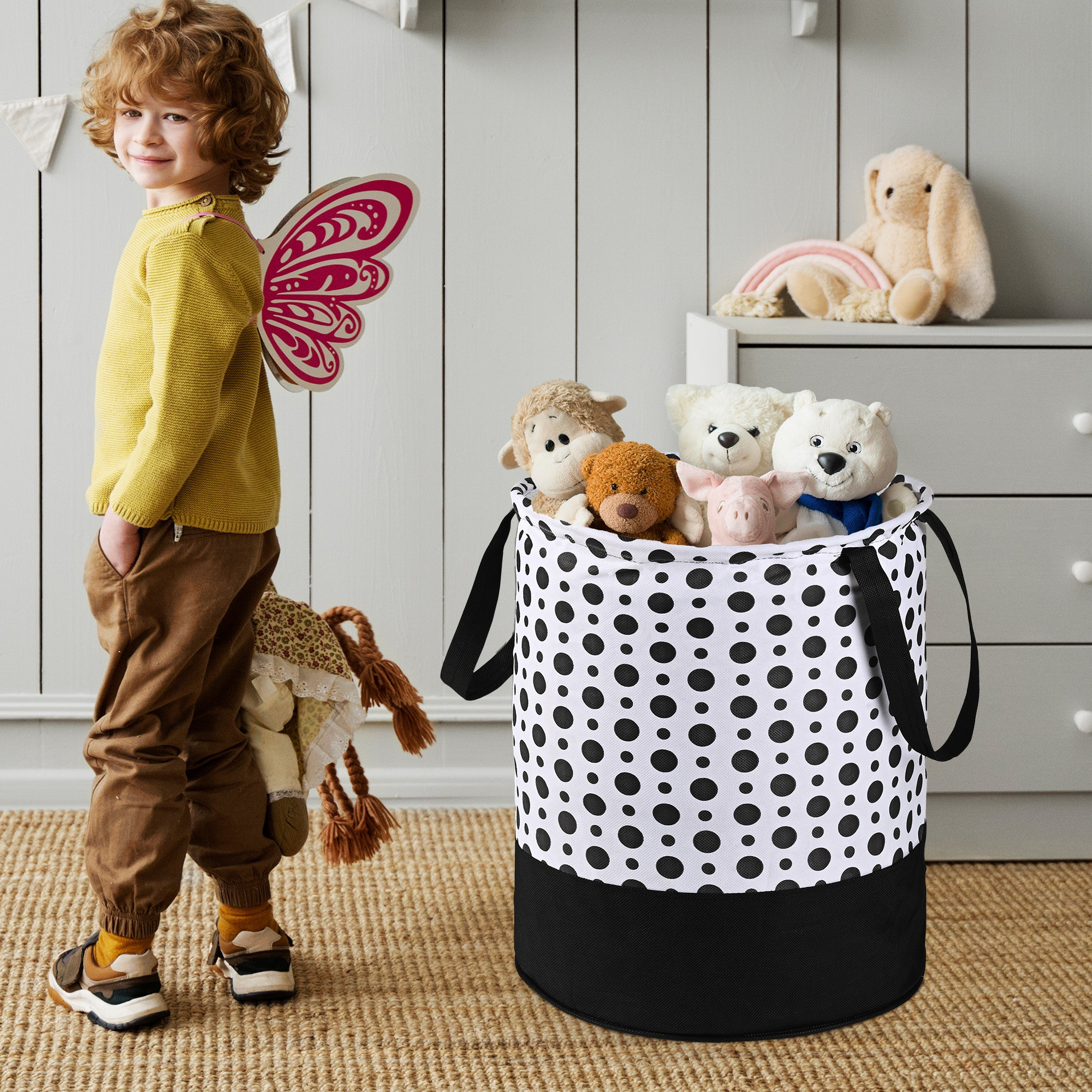 Kuber Industries 45L Foldable Dirty Clothes Laundry Basket With Handles For Washing - Baby Unwashed Dress BinStorage Box  Polka Dots -Black  White
