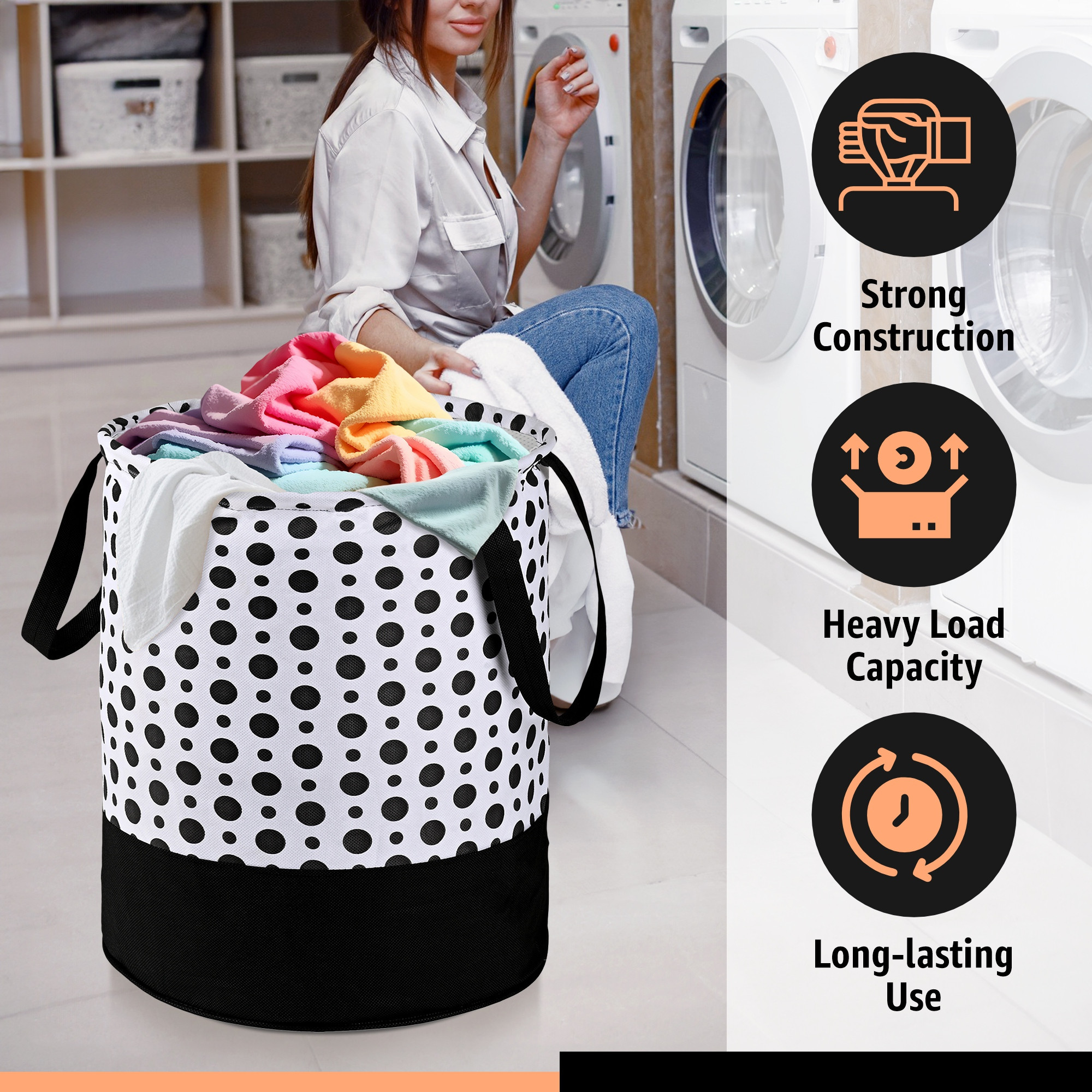 Kuber Industries 45L Foldable Dirty Clothes Laundry Basket With Handles For Washing - Baby Unwashed Dress BinStorage Box  Polka Dots -Black  White