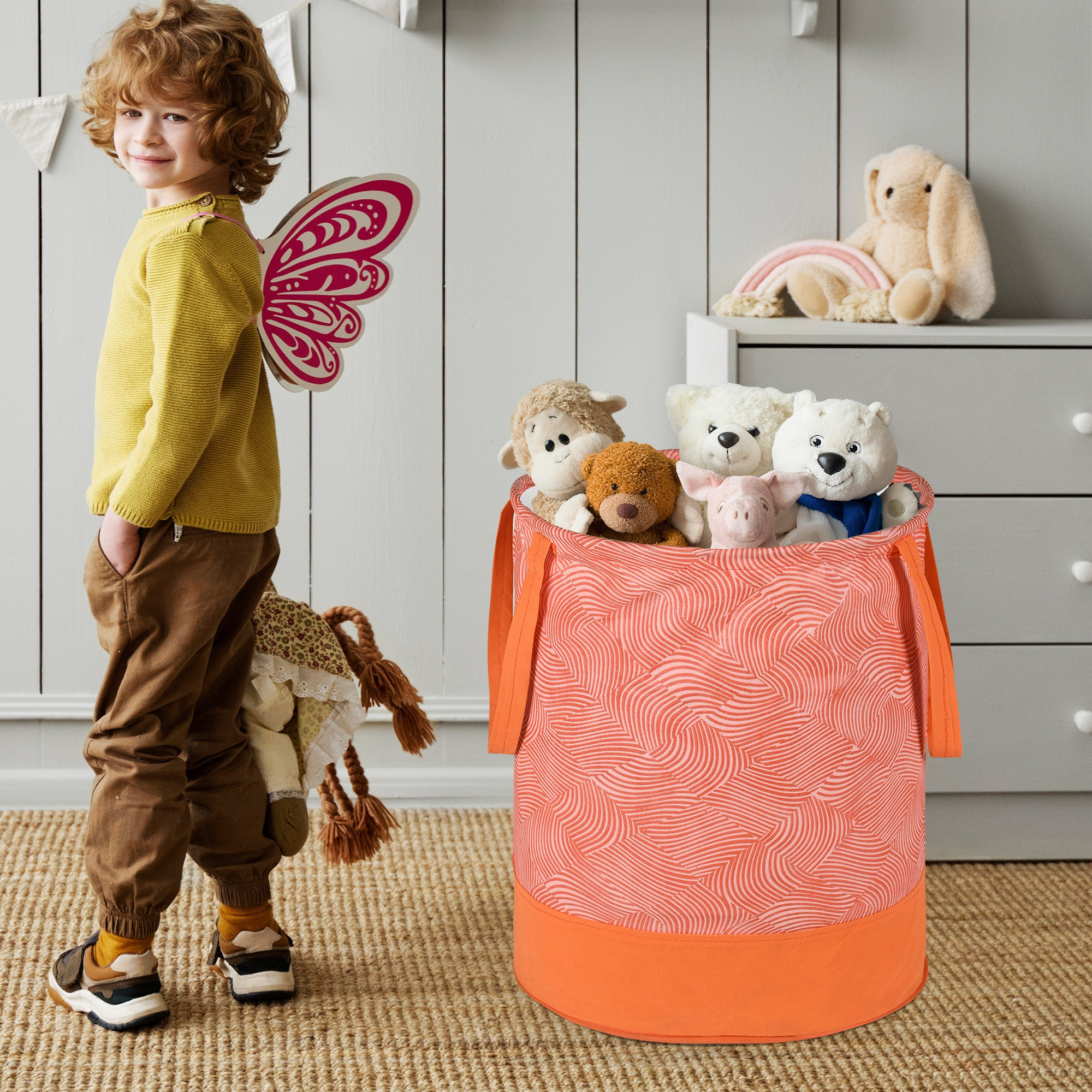 Kuber Industries 45L Foldable Dirty Clothes Laundry Basket With Handles For Washing - Baby Unwashed Dress BinStorage Box  Curvy Design - Orange