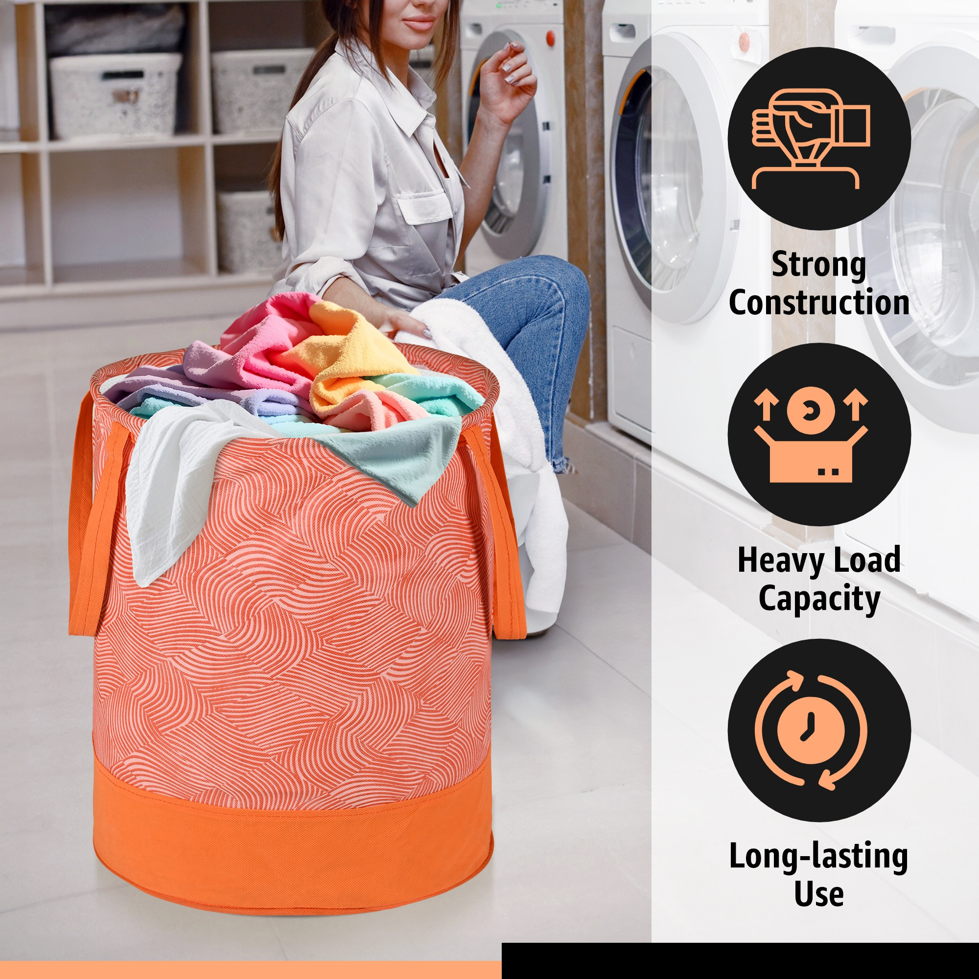 Kuber Industries 45L Foldable Dirty Clothes Laundry Basket With Handles For Washing - Baby Unwashed Dress BinStorage Box  Curvy Design - Orange