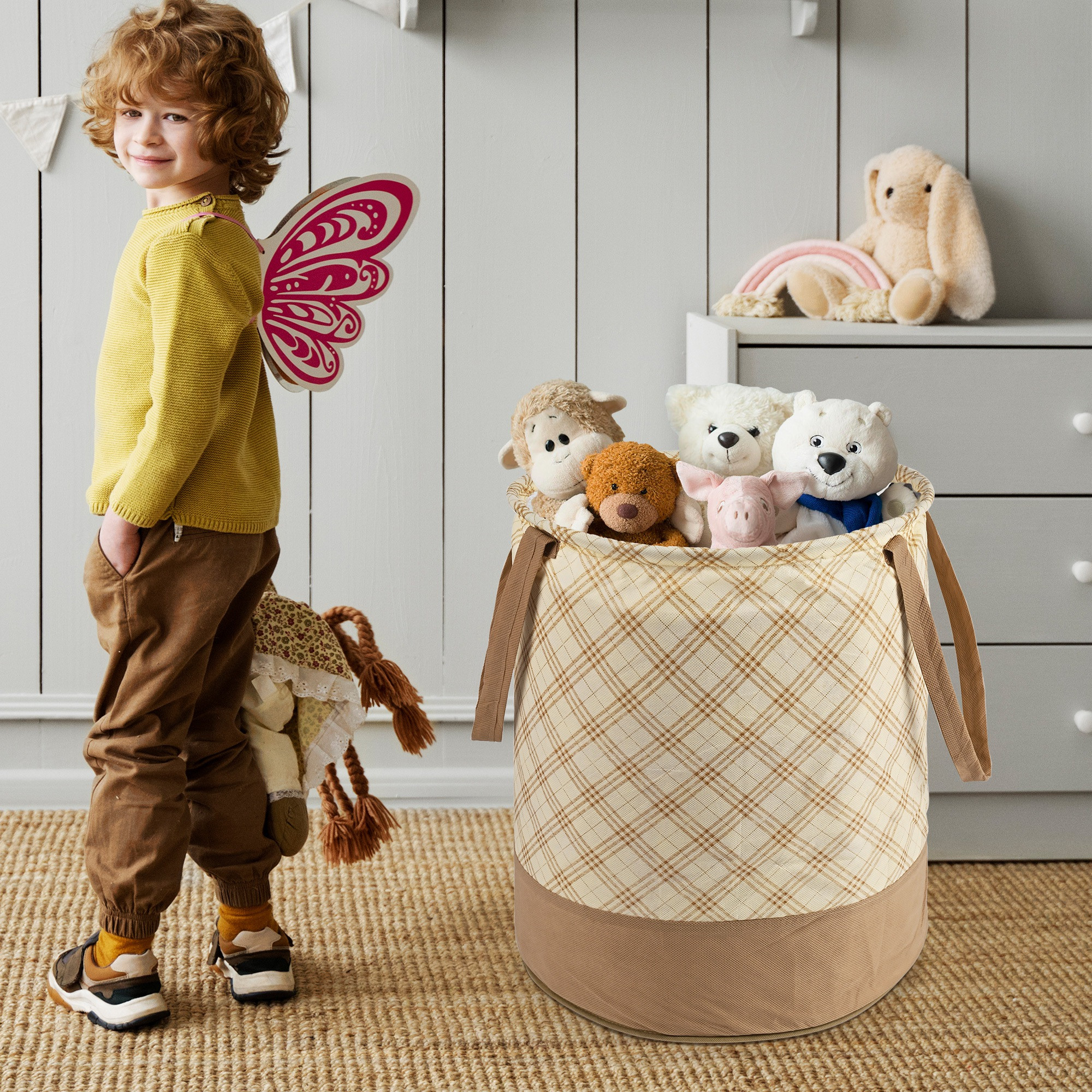 Kuber Industries 45L Foldable Dirty Clothes Laundry Basket With Handles For Washing - Baby Unwashed Dress BinStorage Box  Checkered - Cream