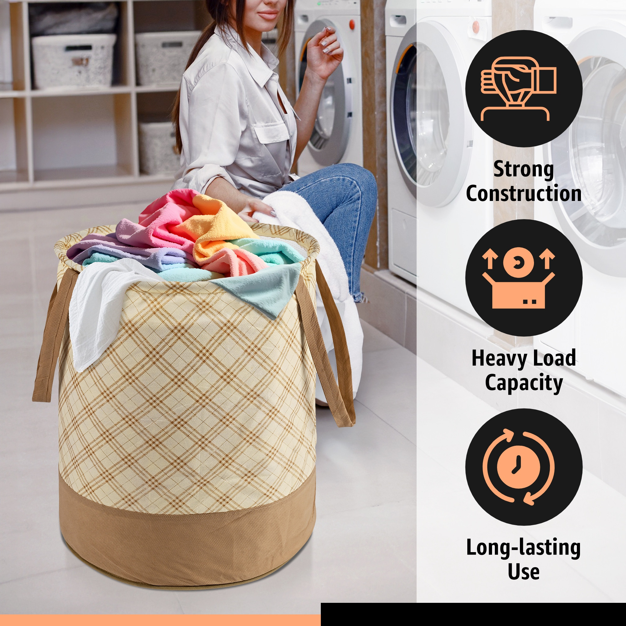 Kuber Industries 45L Foldable Dirty Clothes Laundry Basket With Handles For Washing - Baby Unwashed Dress BinStorage Box  Checkered - Cream