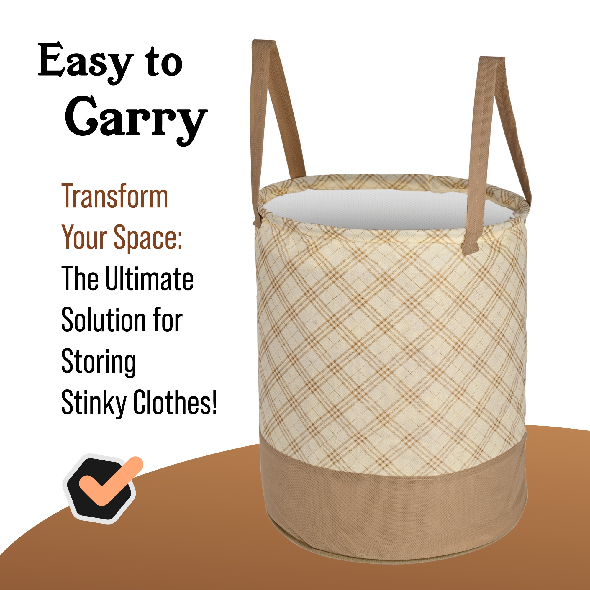 Kuber Industries 45L Foldable Dirty Clothes Laundry Basket With Handles For Washing - Baby Unwashed Dress BinStorage Box  Checkered - Cream