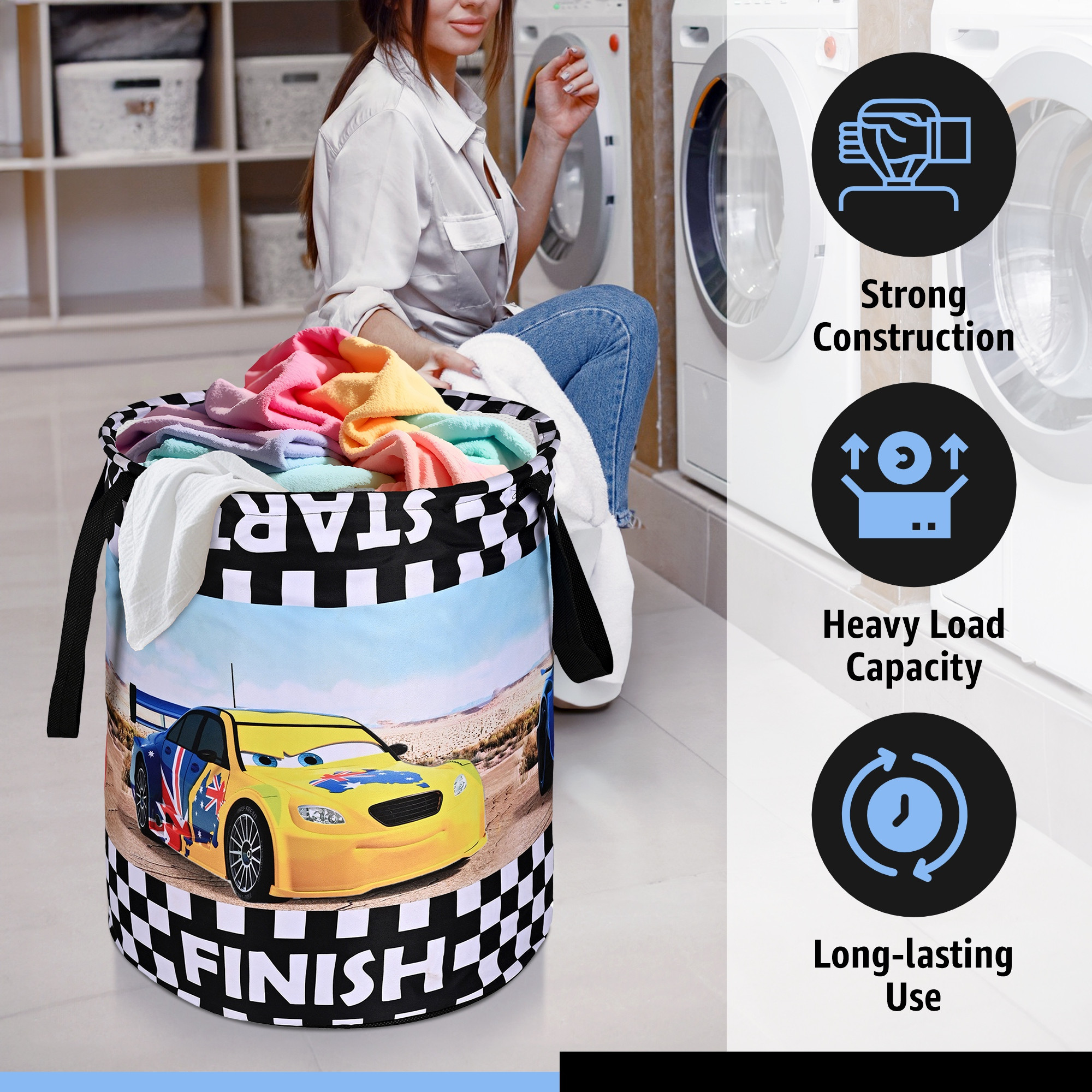 Kuber Industries 45L Foldable Dirty Clothes Laundry Basket With Handles For Washing - Baby Unwashed Dress BinStorage Box  Disney Cars - Multicolor