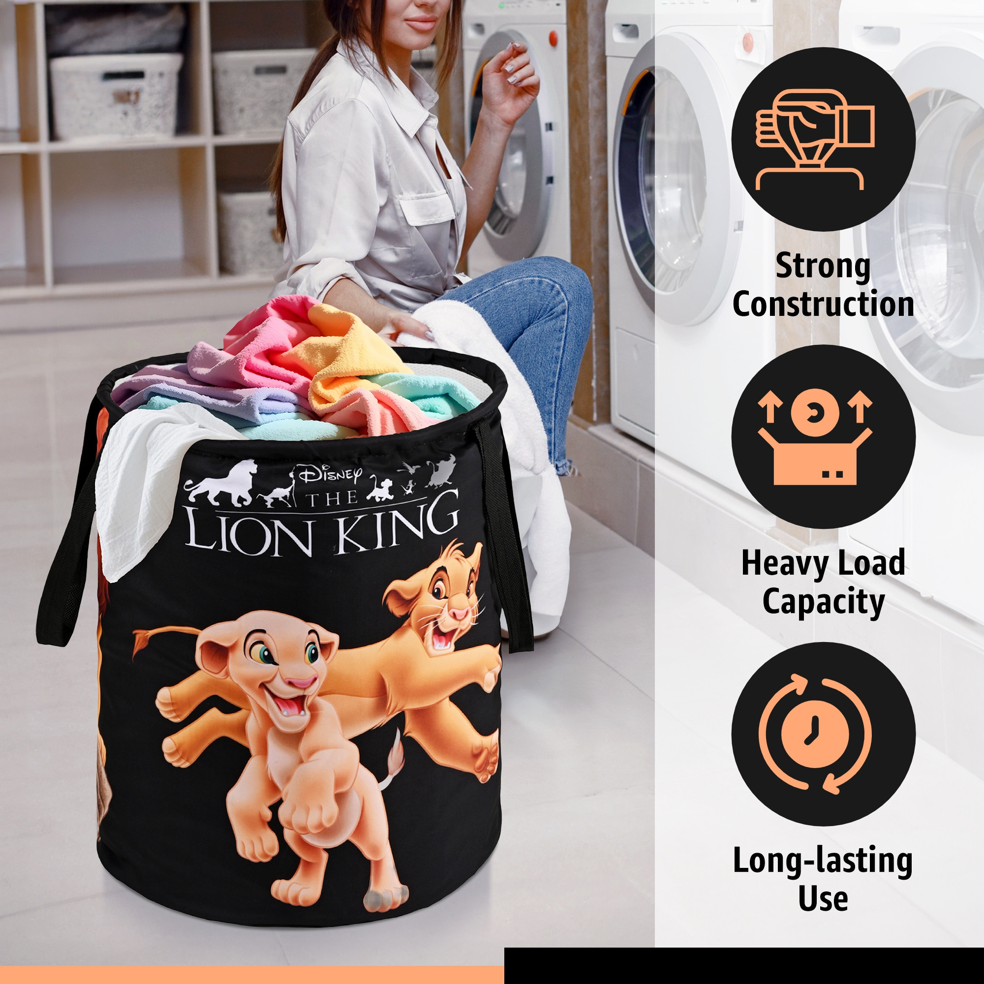 Kuber Industries 45L Foldable Dirty Clothes Laundry Basket With Handles For Washing - Baby Unwashed Dress BinStorage Box  Disney Lion King - Black
