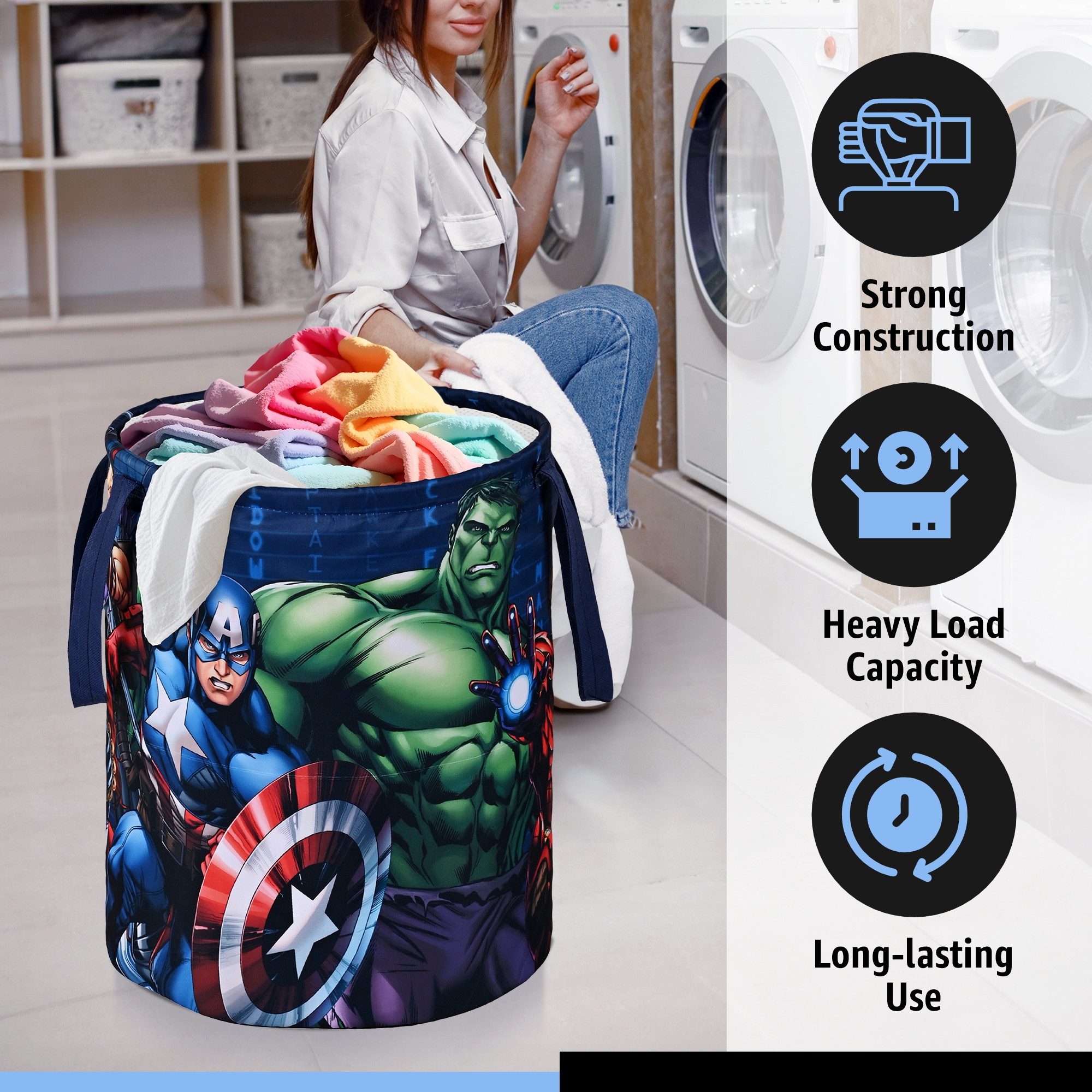 Kuber Industries 45L Foldable Dirty Clothes Laundry Basket With Handles For Washing - Baby Unwashed Dress BinStorage Box  Marvel Avengers - Blue