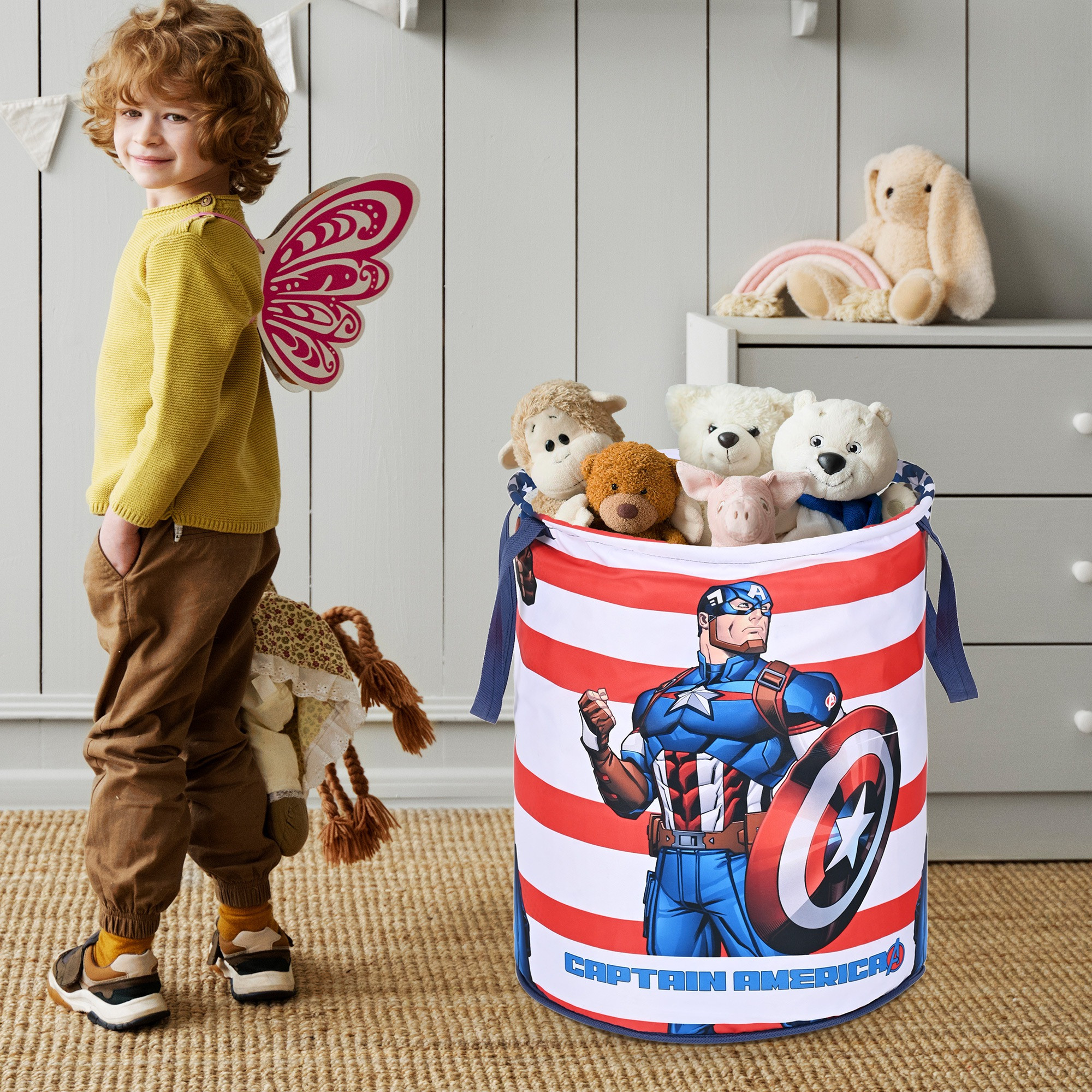 Kuber Industries 45L Foldable Dirty Clothes Laundry Basket With Handles For Washing - Baby Unwashed Dress Storage Box  Marvel Captain America - Blue
