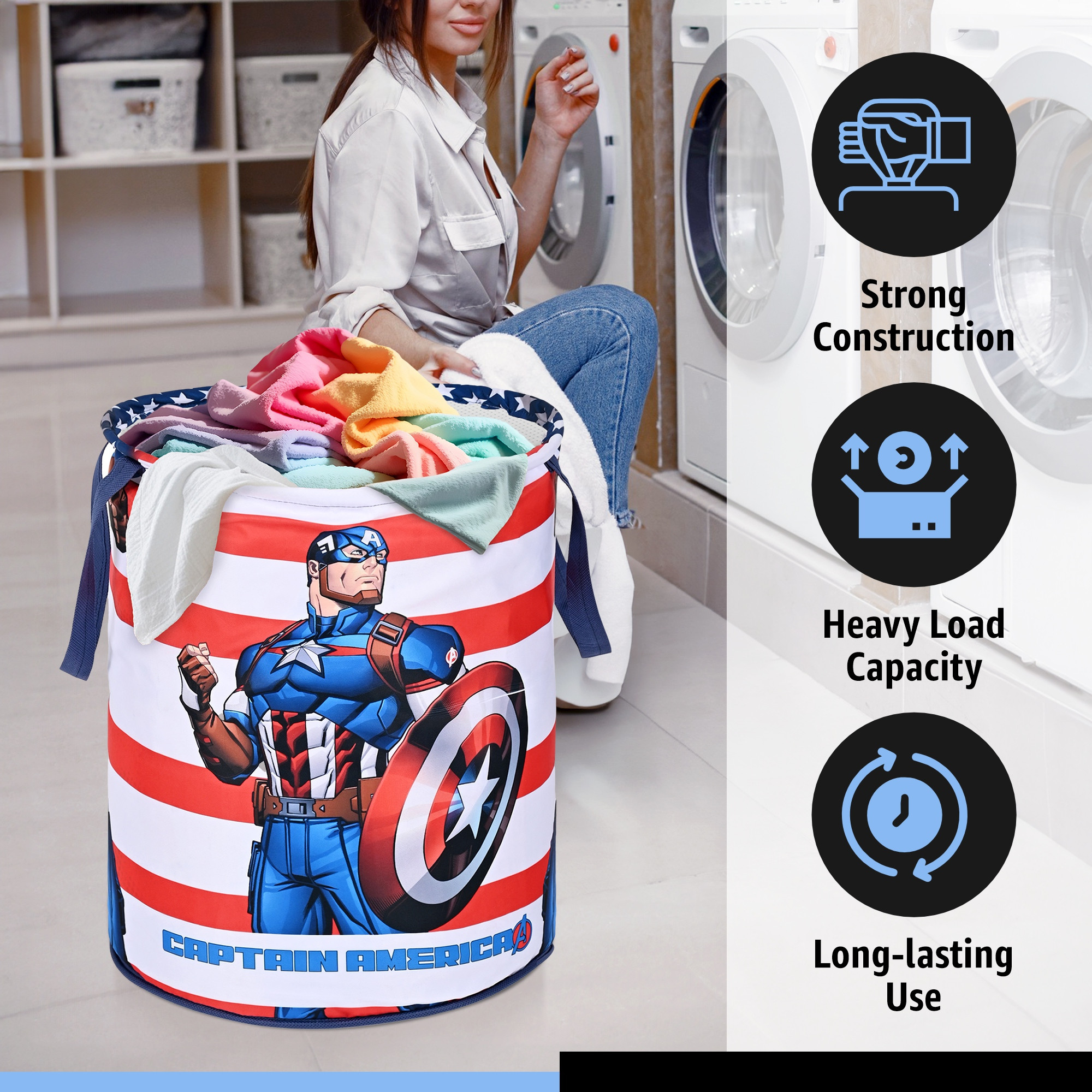 Kuber Industries 45L Foldable Dirty Clothes Laundry Basket With Handles For Washing - Baby Unwashed Dress Storage Box  Marvel Captain America - Blue
