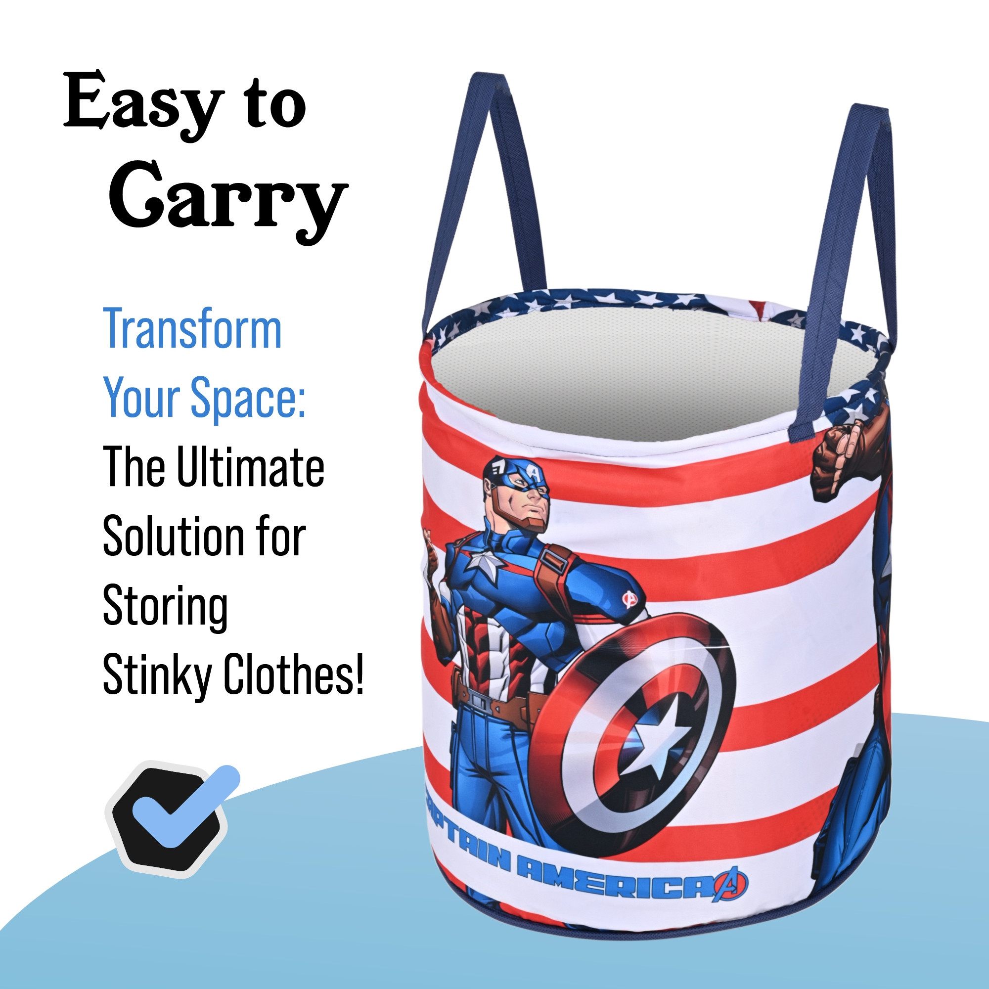 Kuber Industries 45L Foldable Dirty Clothes Laundry Basket With Handles For Washing - Baby Unwashed Dress Storage Box  Marvel Captain America - Blue