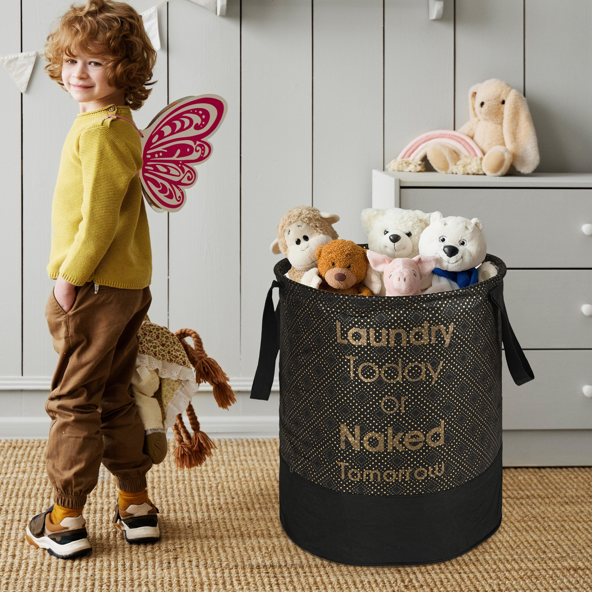 Kuber Industries 45L Foldable Dirty Clothes Laundry Basket With Handles For Washing - Baby Unwashed Dress BinStorage Box  Dots - Black  Gold