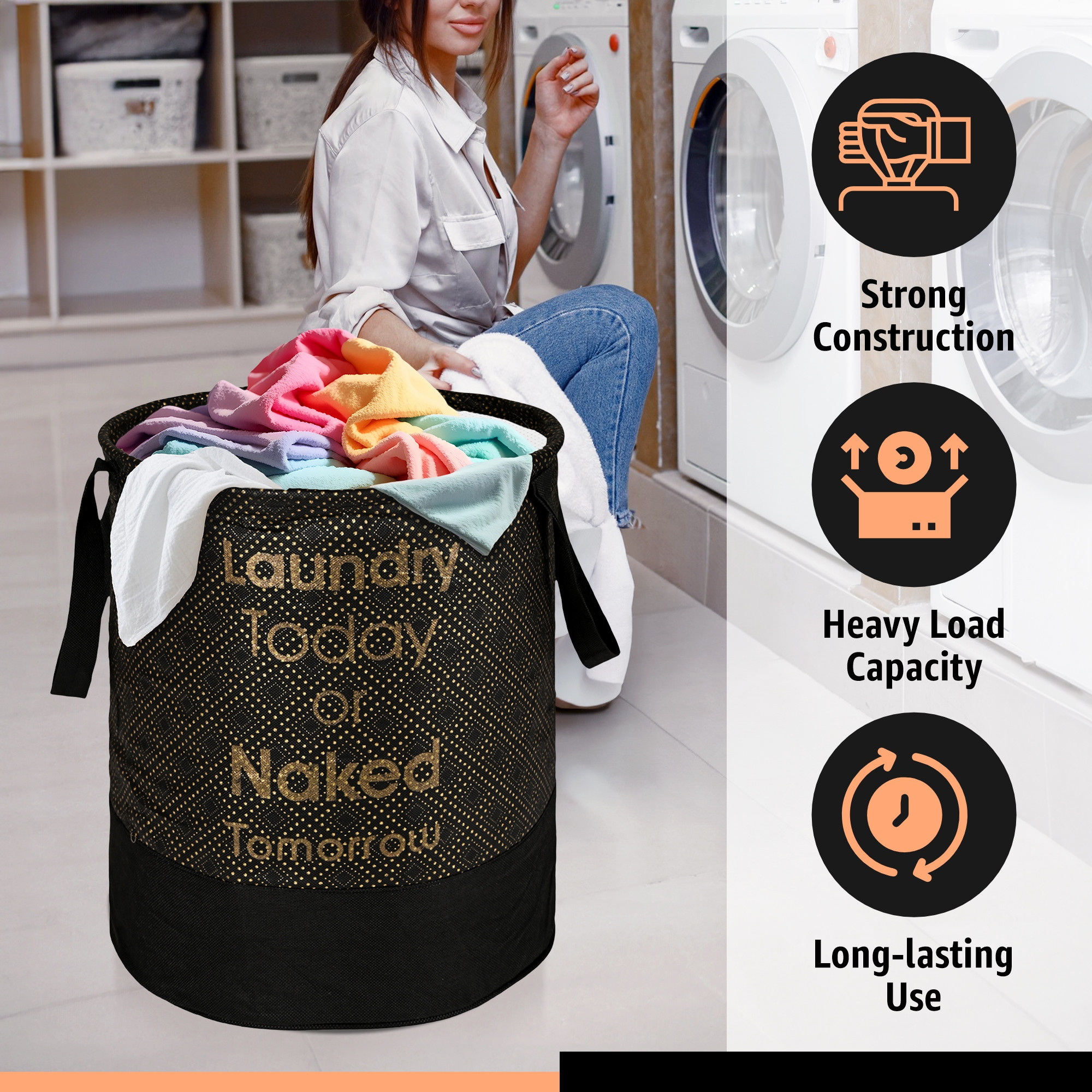 Kuber Industries 45L Foldable Dirty Clothes Laundry Basket With Handles For Washing - Baby Unwashed Dress BinStorage Box  Dots - Black  Gold