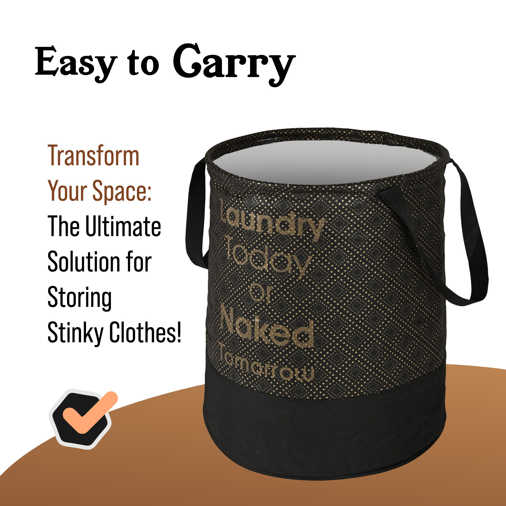 Kuber Industries 45L Foldable Dirty Clothes Laundry Basket With Handles For Washing - Baby Unwashed Dress BinStorage Box  Dots - Black  Gold